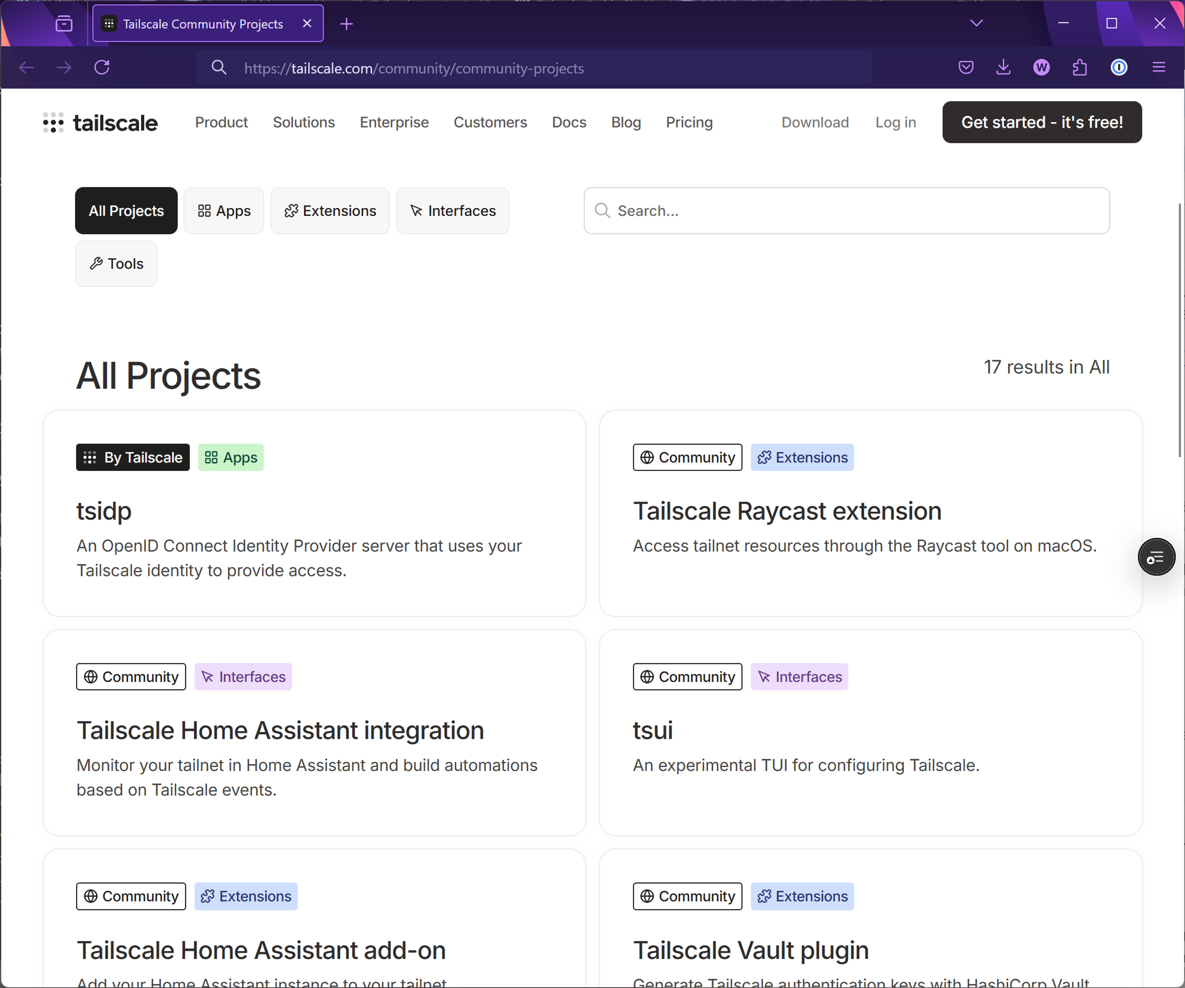 a screenshot of the Tailscale community projects home page
