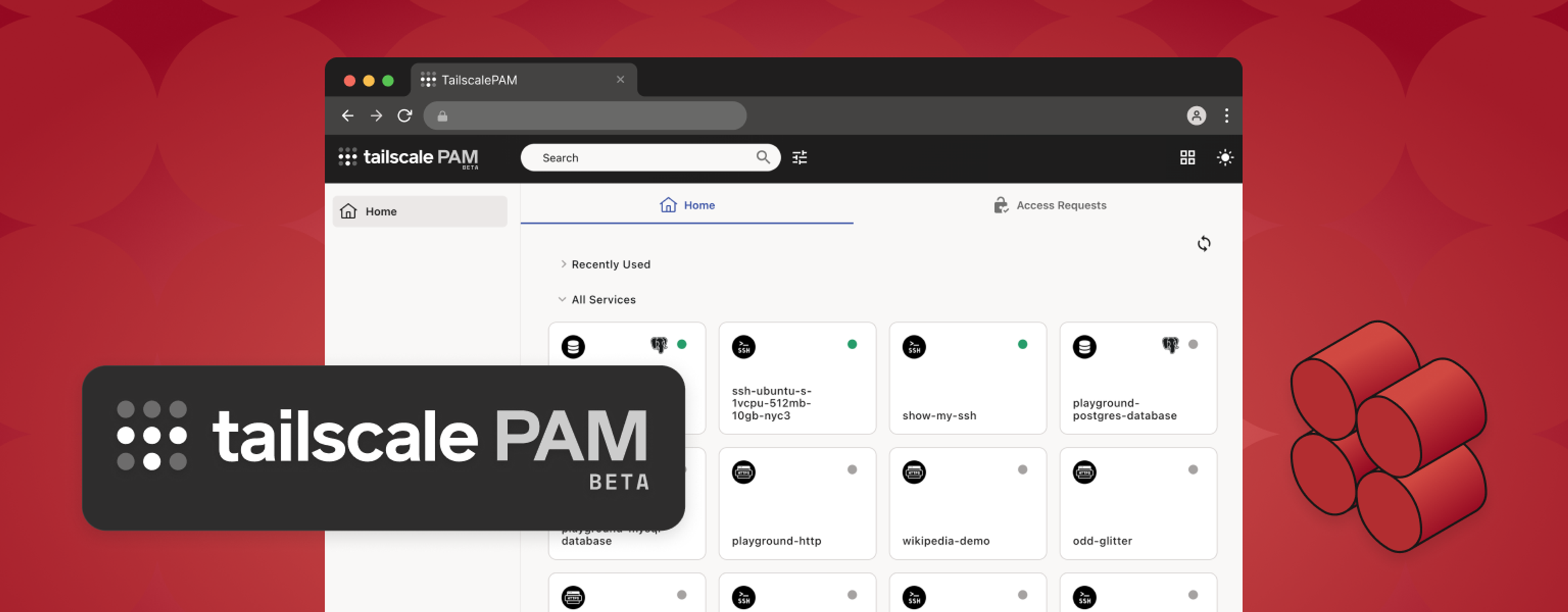 Tailscale PAM beta interface showing home dashboard with search bar, navigation menu, and service cards including ssh-ubuntu, show-my-ssh, playground-postgres-database, playground-http, wikipedia-demo, and odd-glitter services with connection status indicators.