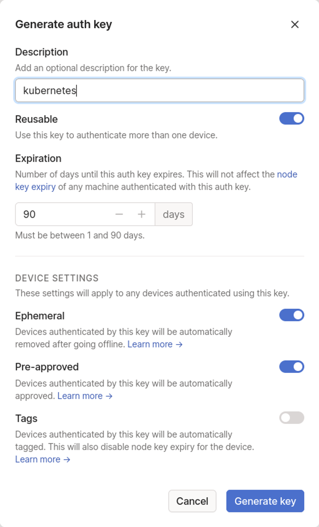 creating a new auth key in the Tailscale web interface