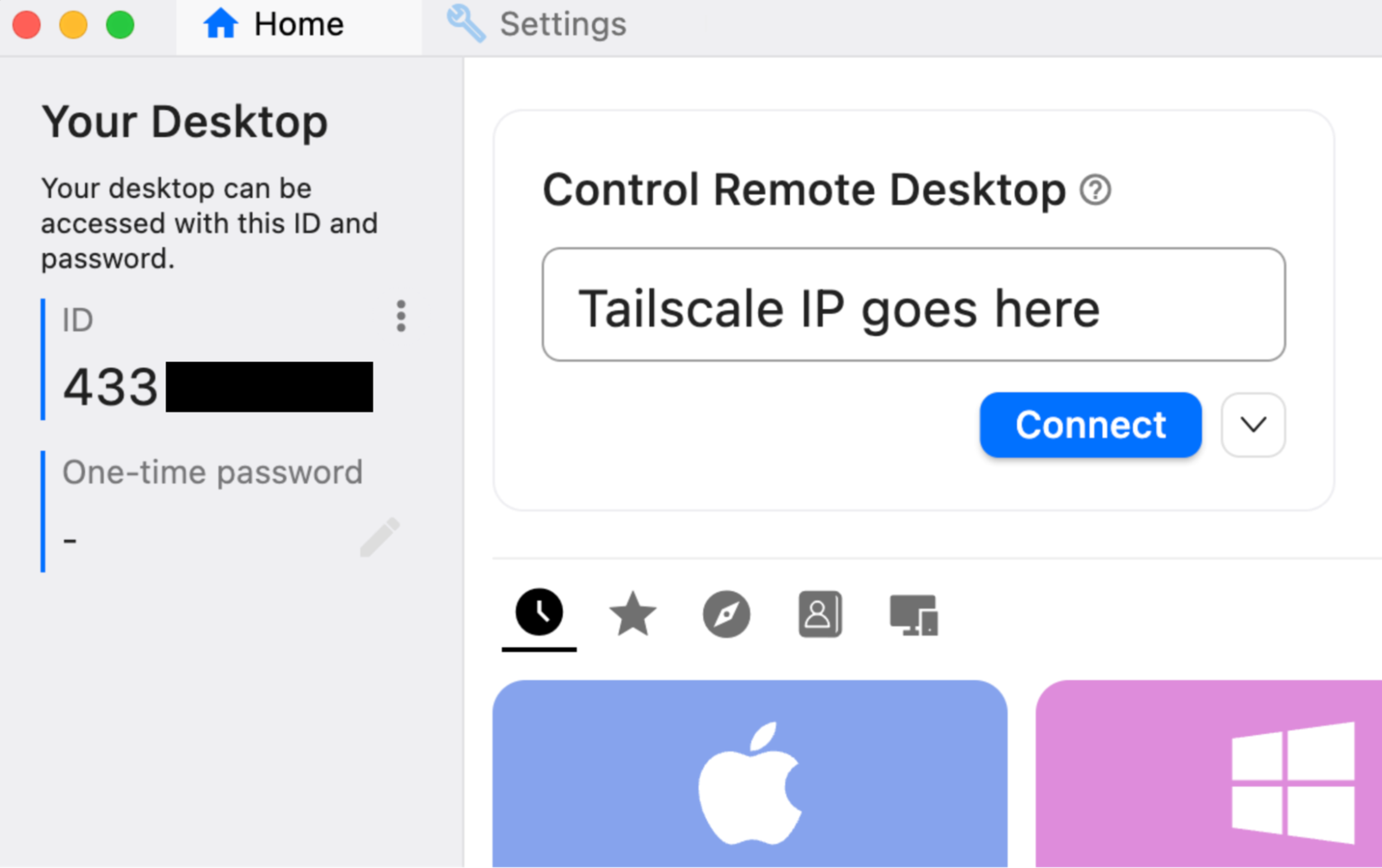 RustDesk open on main window, with "Tailscale IP goes here" pasted into the "Control Remote Desktop" box.