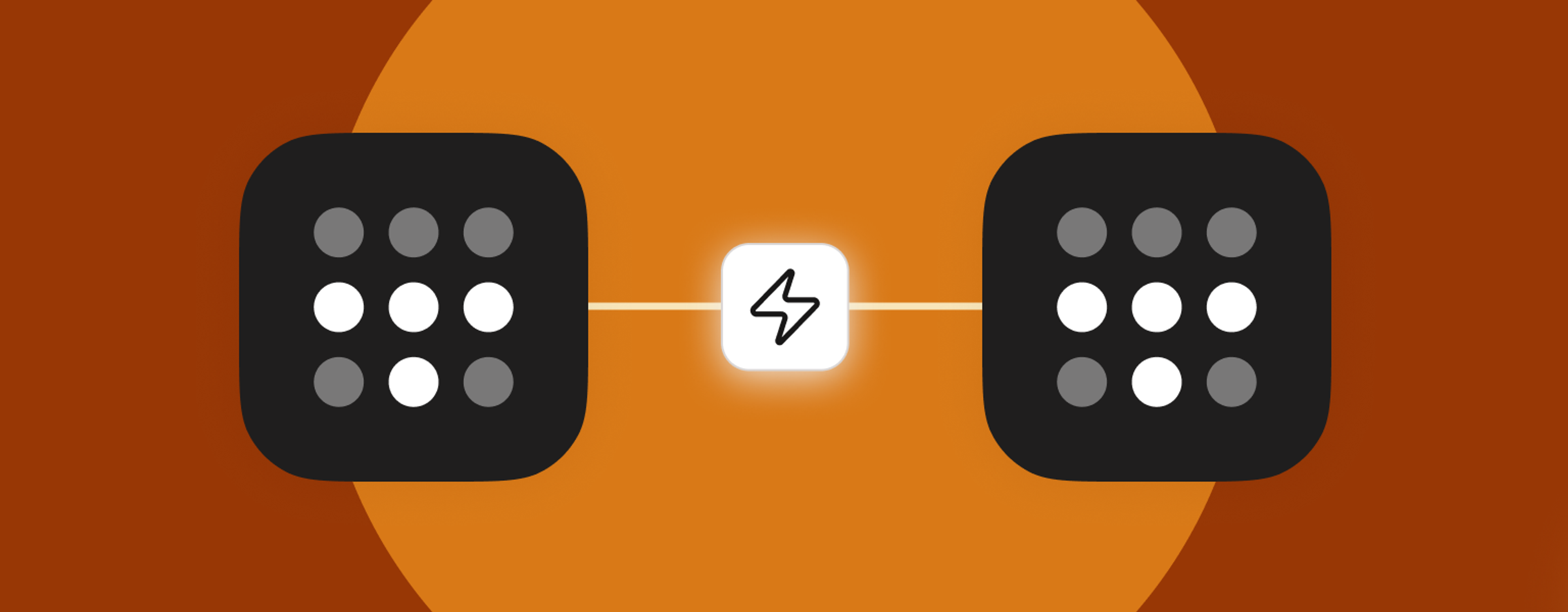 Two black app grids with 9 circular buttons each connected by a lightning bolt icon on an orange and brown gradient background, representing data transfer between devices.
