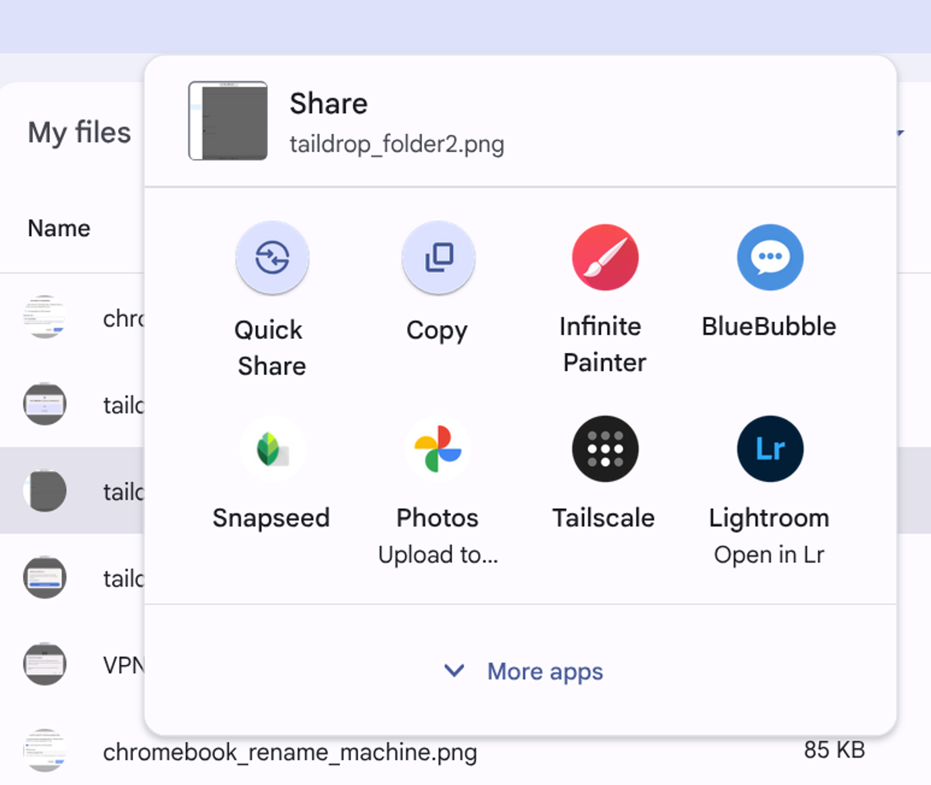 Share menu opened on a Chromebook's Files app. Options for Infinite Painter, BlueBubble, Snapseed, and Tailscale among the choice.