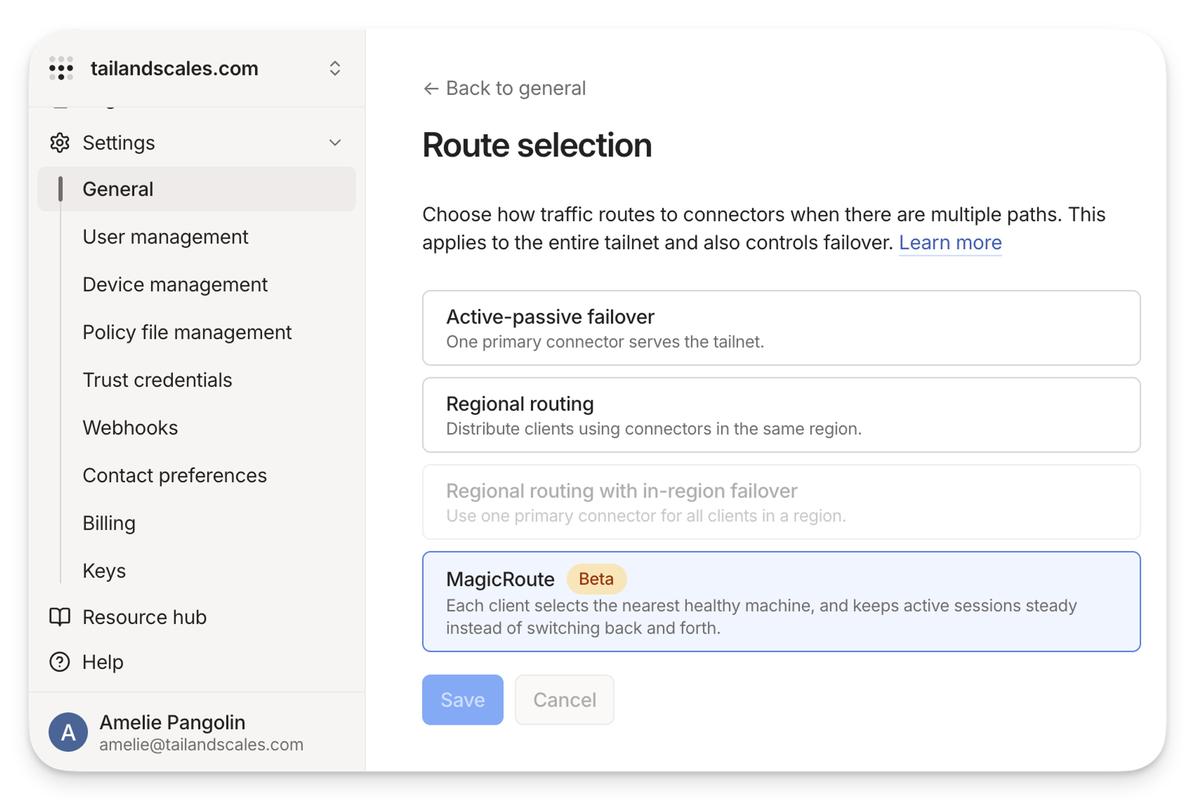 Tailscale admin console, inside the Settings > General submenu. The Route selection dialog box displays four options for tailnet connectors, with MagicRoute selected. Magic is described as a beta feature that automatically routes each client to the nearest healthy machine while maintaining session stability.