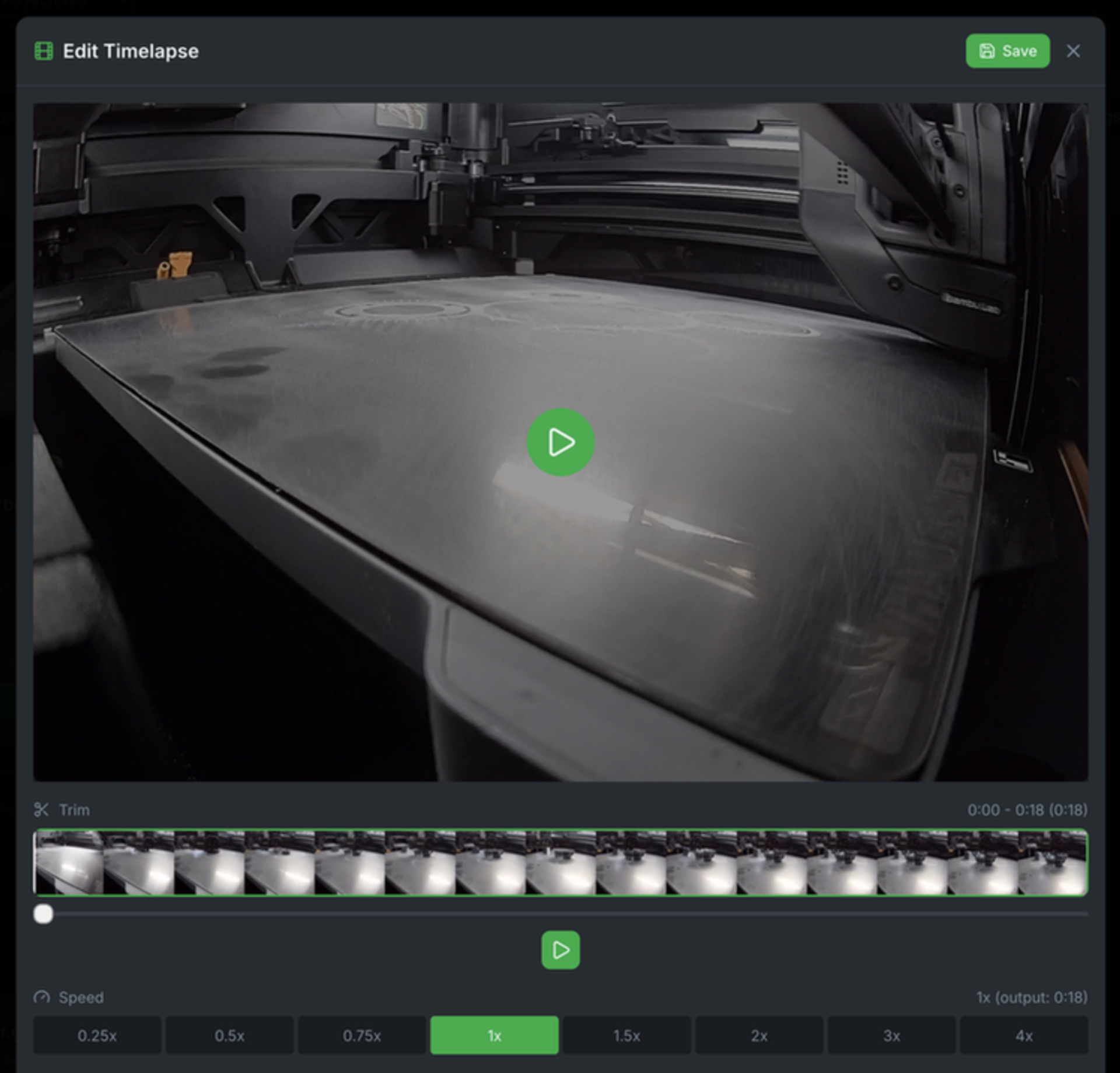 A green-themed web software window, showing a timelapse video of a 3D printing pad.