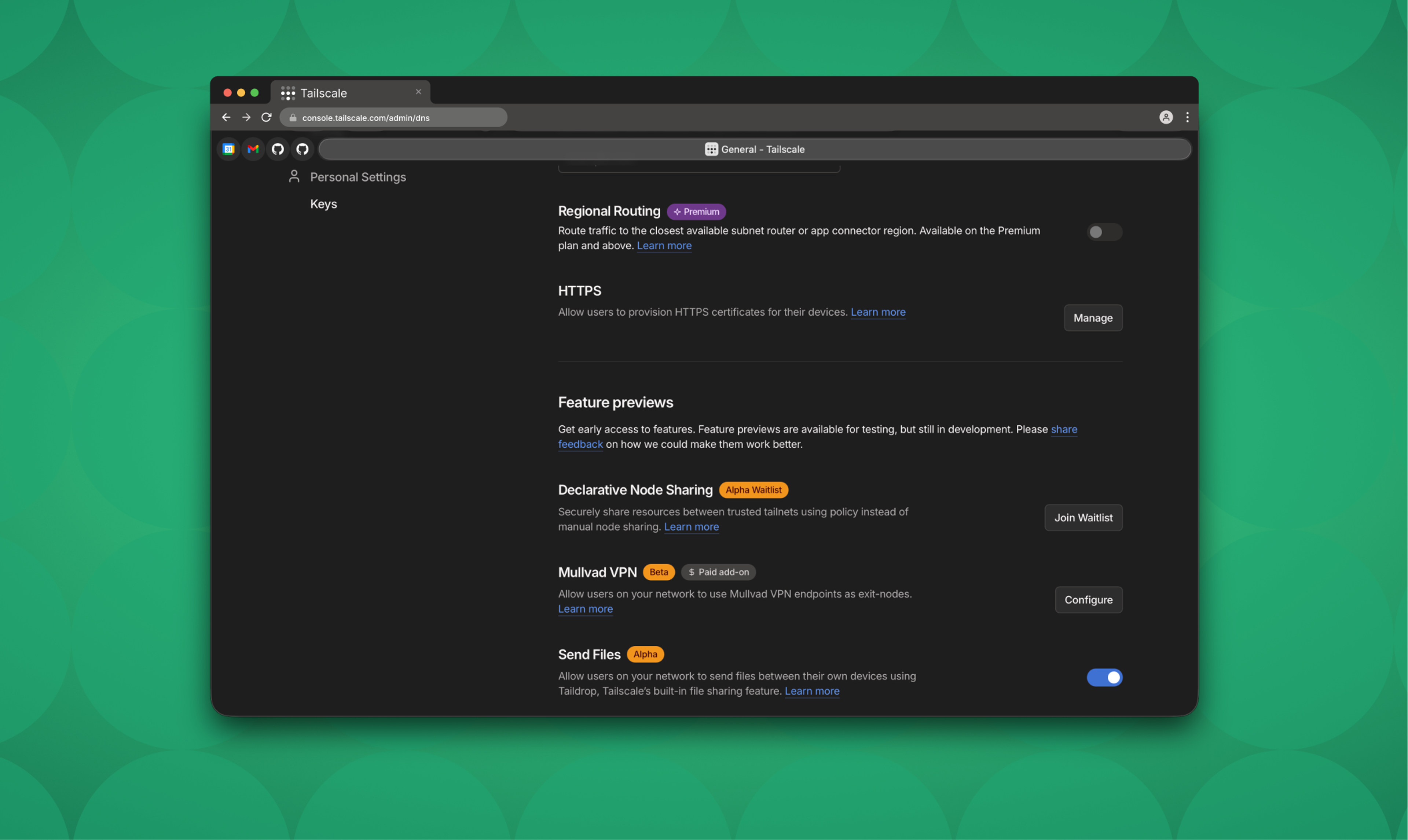 Tailscale admin console showing Personal Settings with feature options including Regional Routing (Premium), HTTPS certificate provisioning, Feature previews, Declarative Node Sharing (Alpha Waitlist), Mullvad VPN (Beta, Paid add-on), and Send Files (Alpha) with toggle switch enabled.