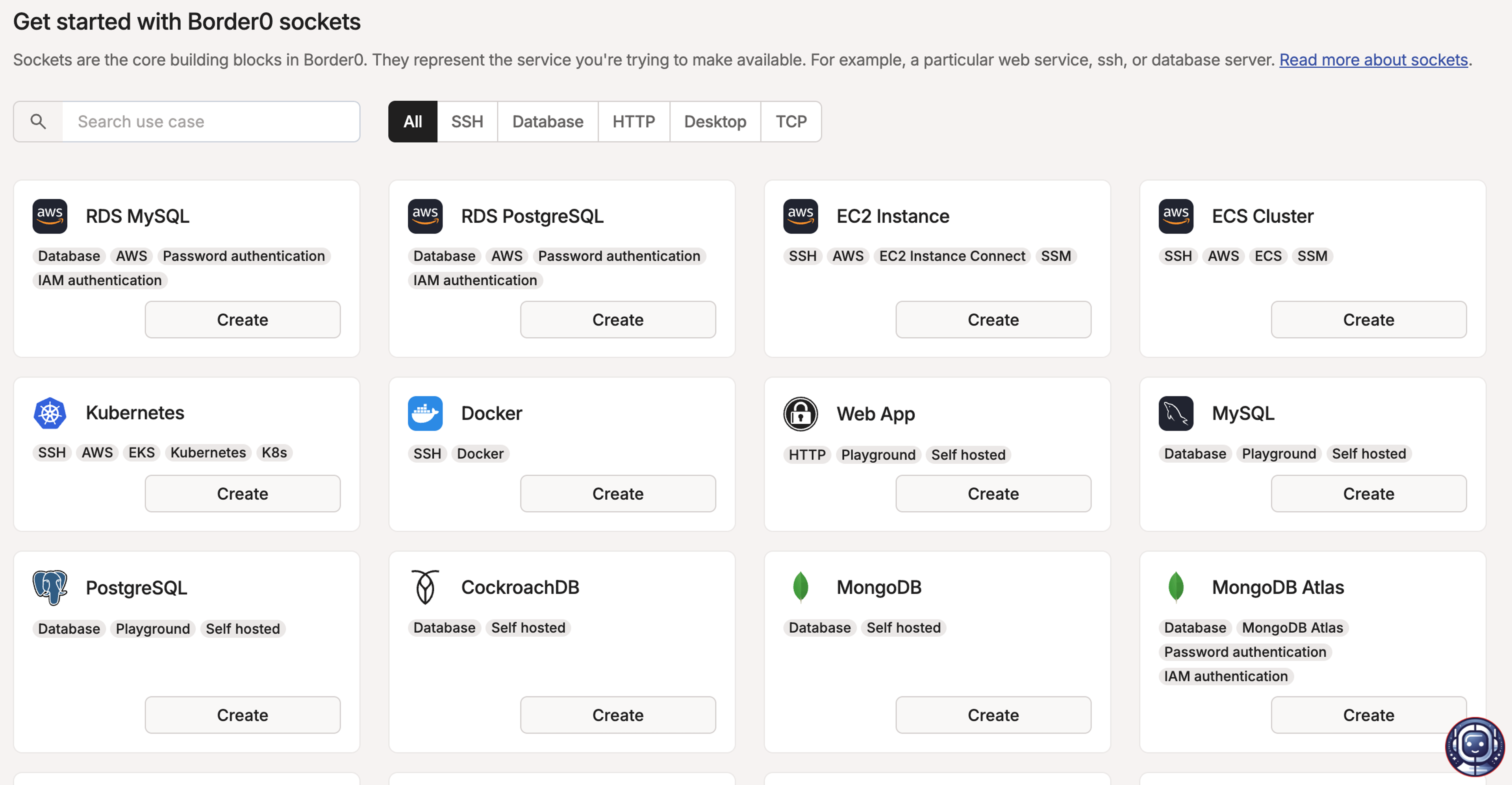 Border0 sockets getting started guide displaying various cloud and database service options for creating secure connections. The interface features popular services including AWS RDS, EC2, ECS, Kubernetes, Docker, and multiple database platforms like MongoDB, PostgreSQL, and MySQL with filtering options and one-click creation buttons.