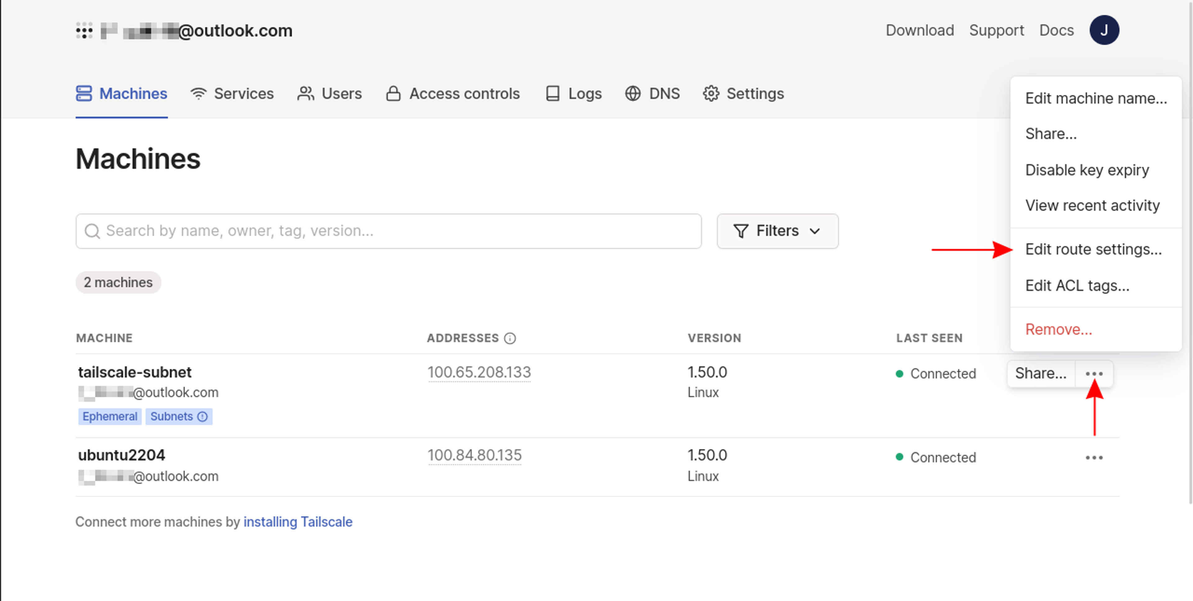 viewing the subnet on the Tailscale Machines page