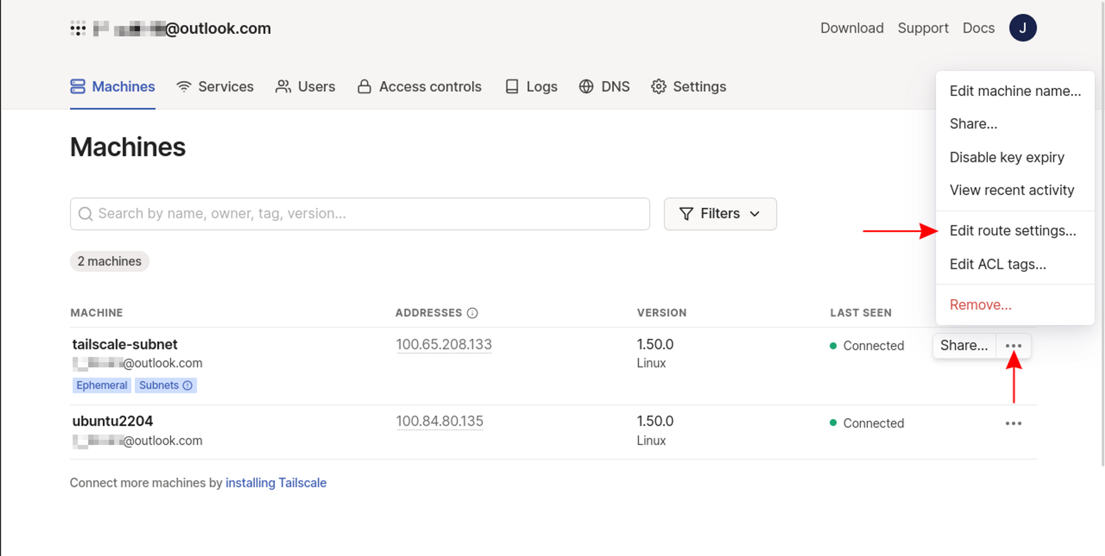viewing the subnet on the Tailscale Machines page