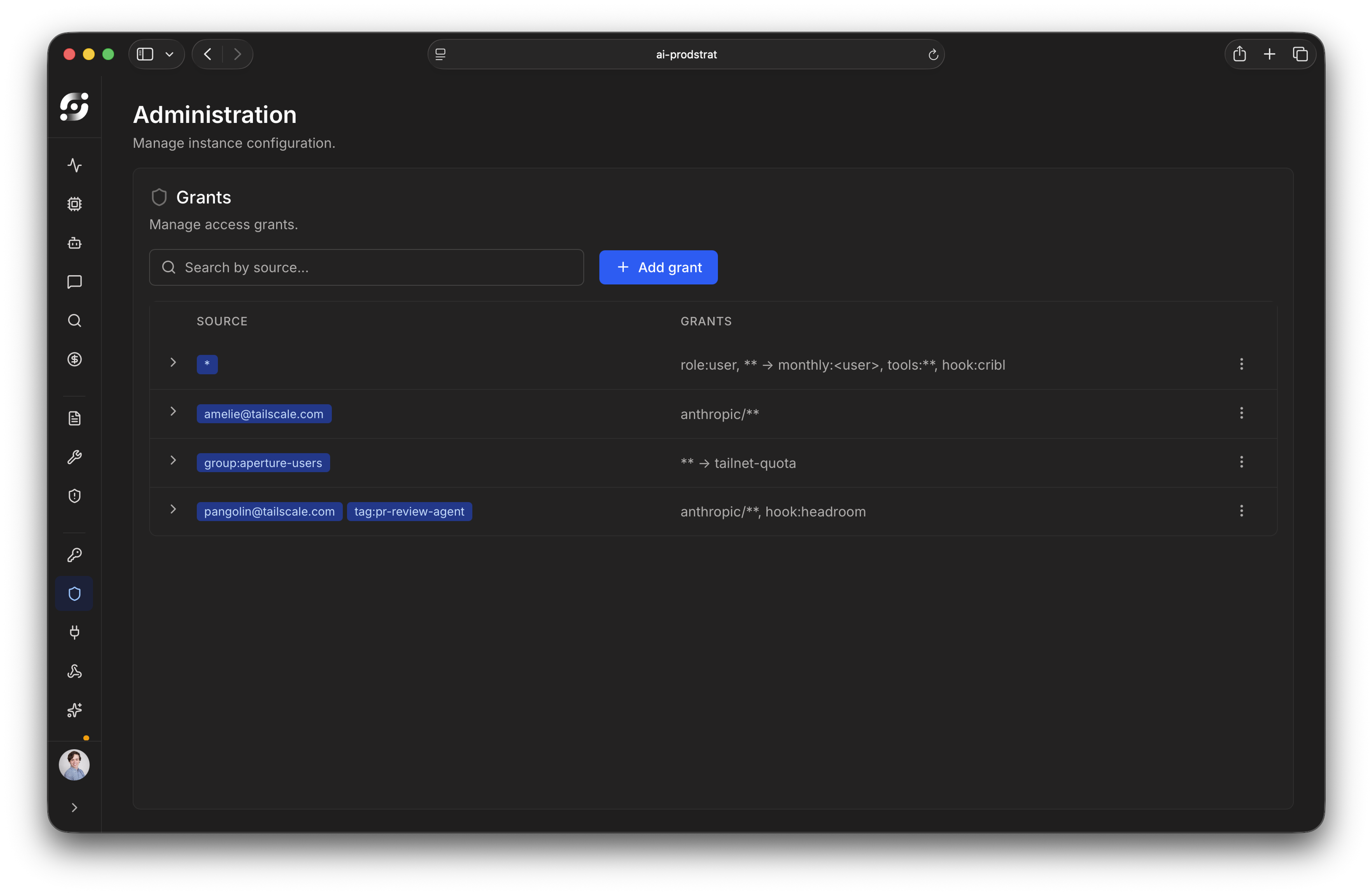 Administration panel showing Grants management interface with a search bar and Add grant button. A table displays four access grant entries with sources (including an email address, group, and tagged user) and their corresponding grant permissions for various roles and tools.