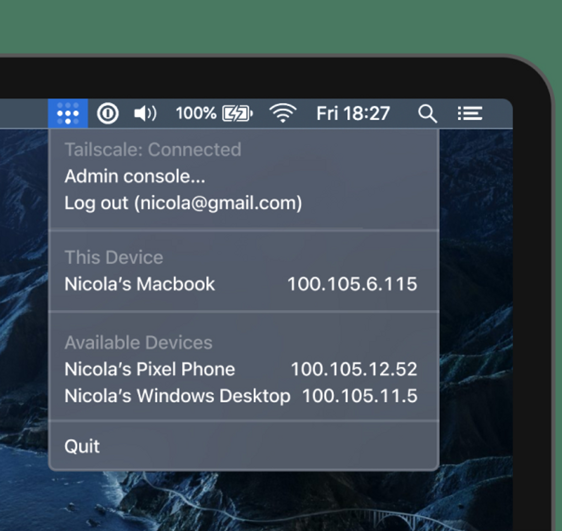 Tailscale menu bar