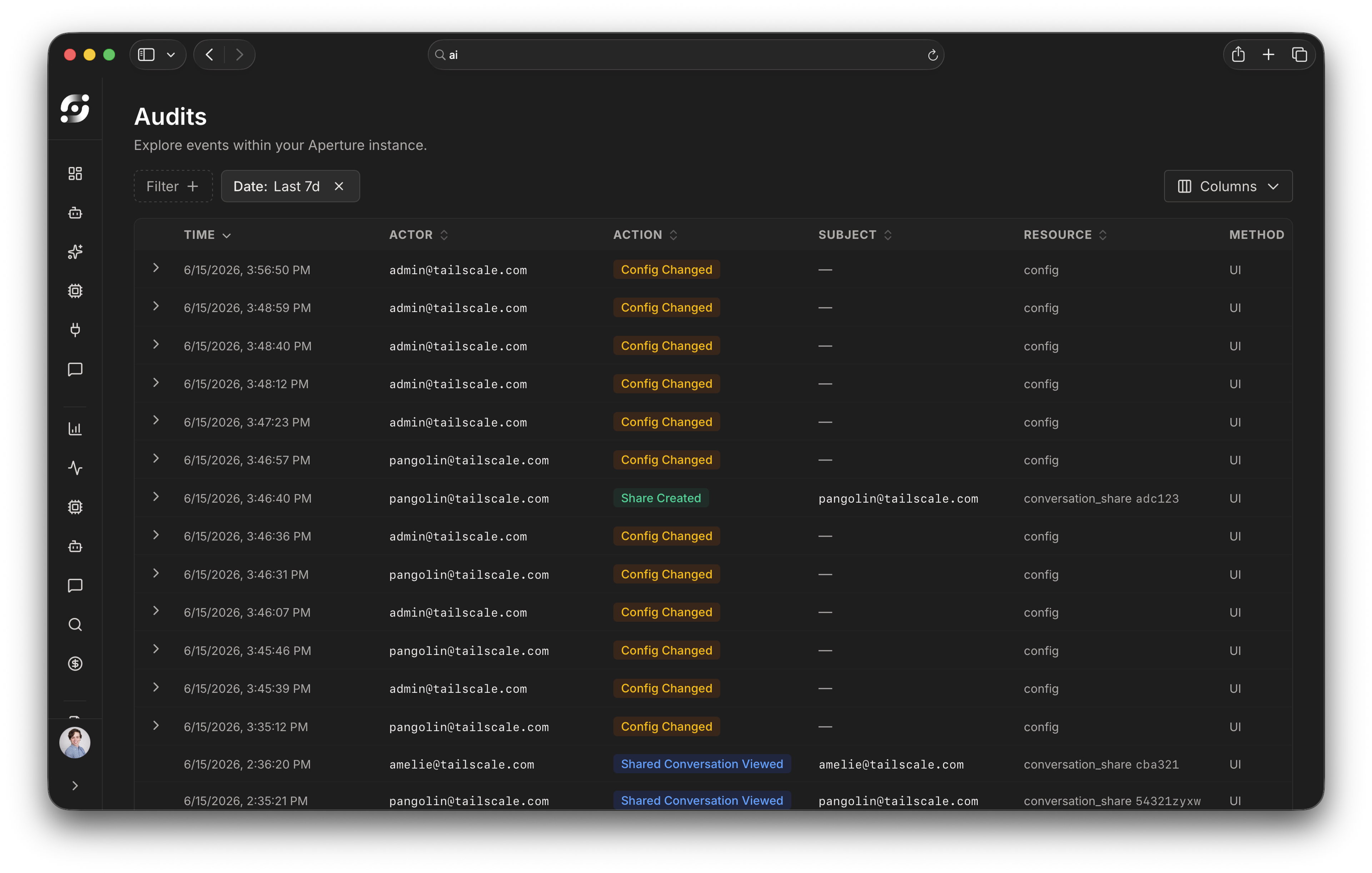 Aperture audit logs display showing system events and configuration changes within an Aperture instance, with timestamps, actor information, actions performed, and resource details for security monitoring and compliance tracking.