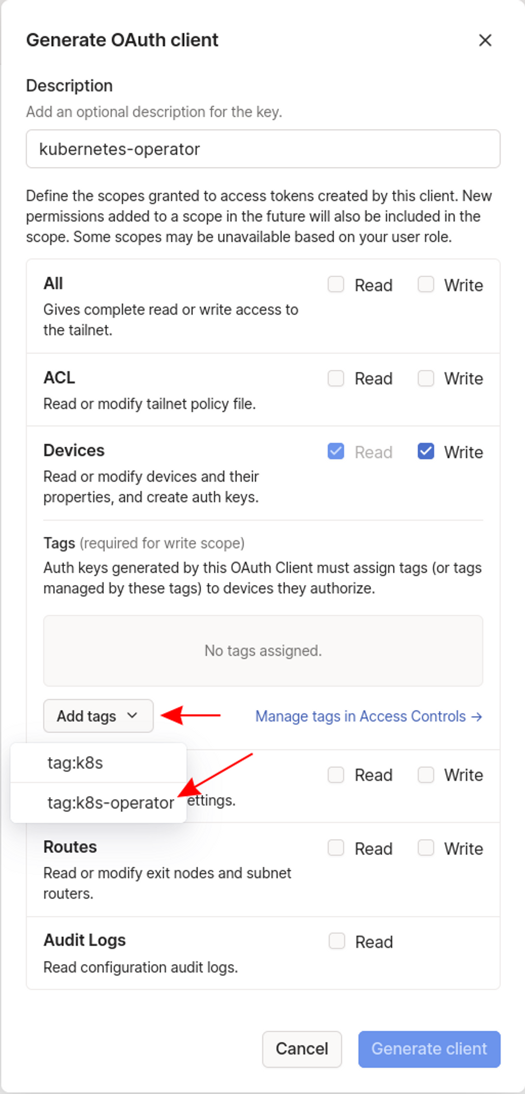 generating an OAuth client for the Tailscale Operator in Kubernetes