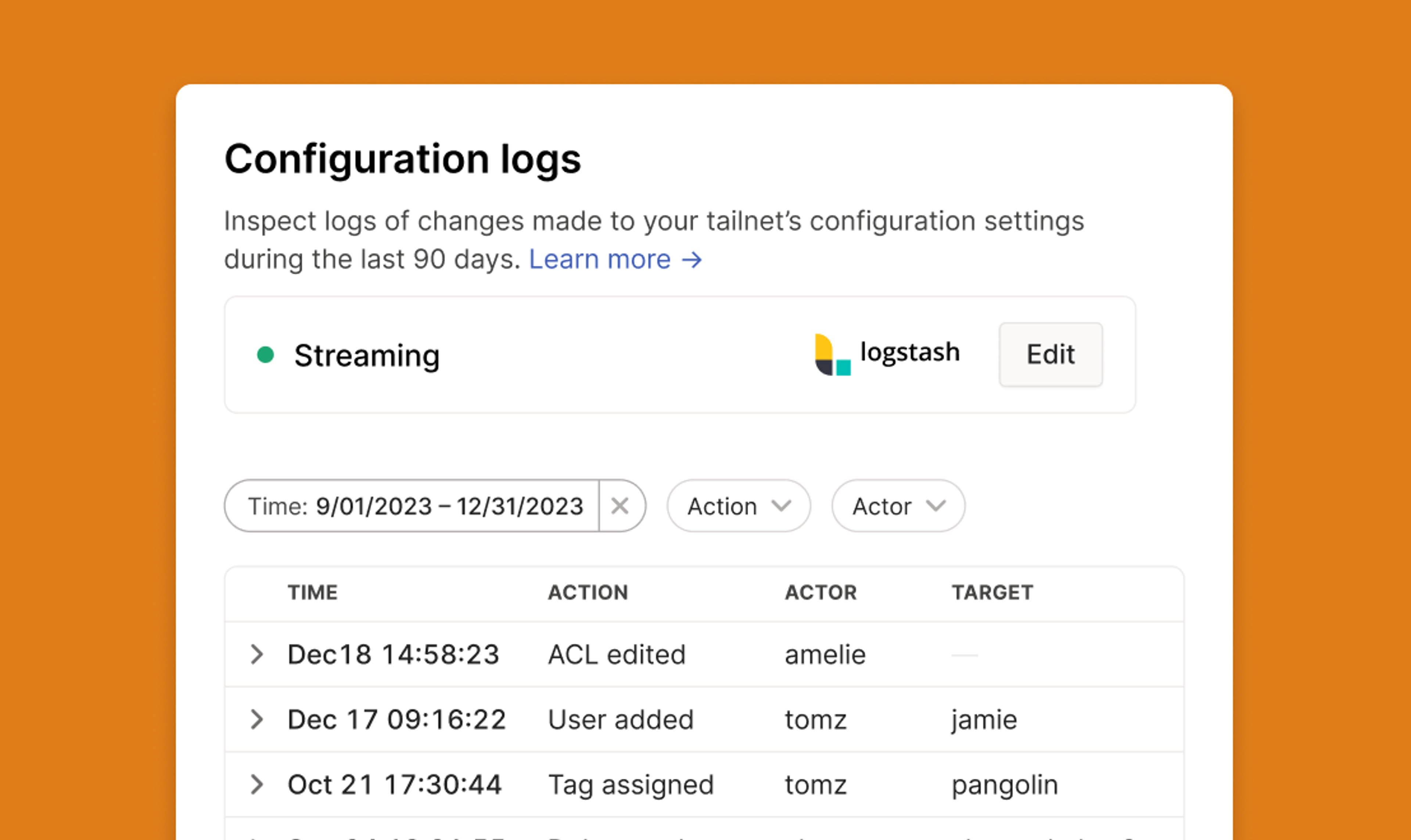 A stylized view of Tailscale's UI showing the Configuration logs interface