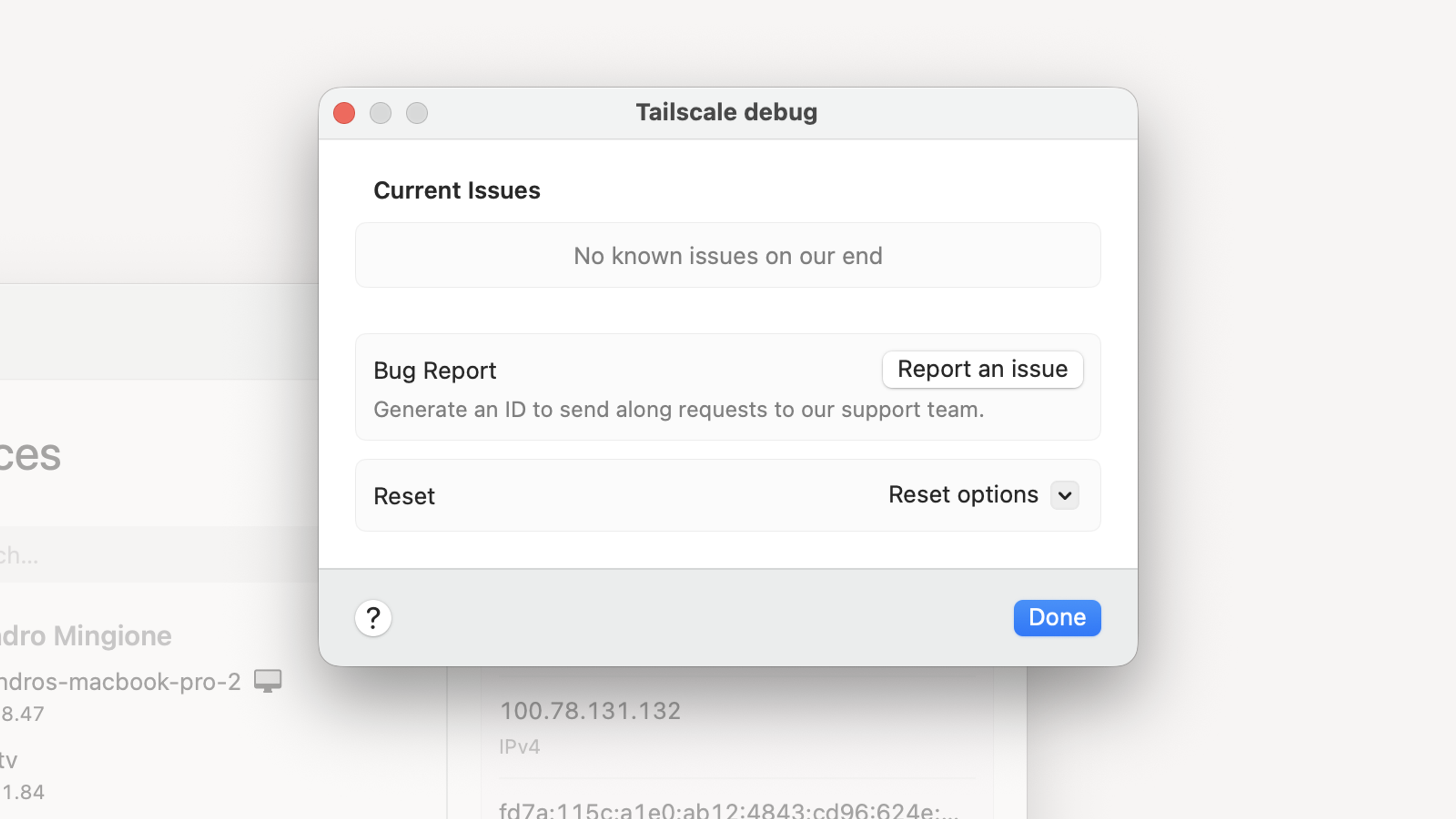 A debugging and bug-reporting window open in the Tailscale app against a green background.