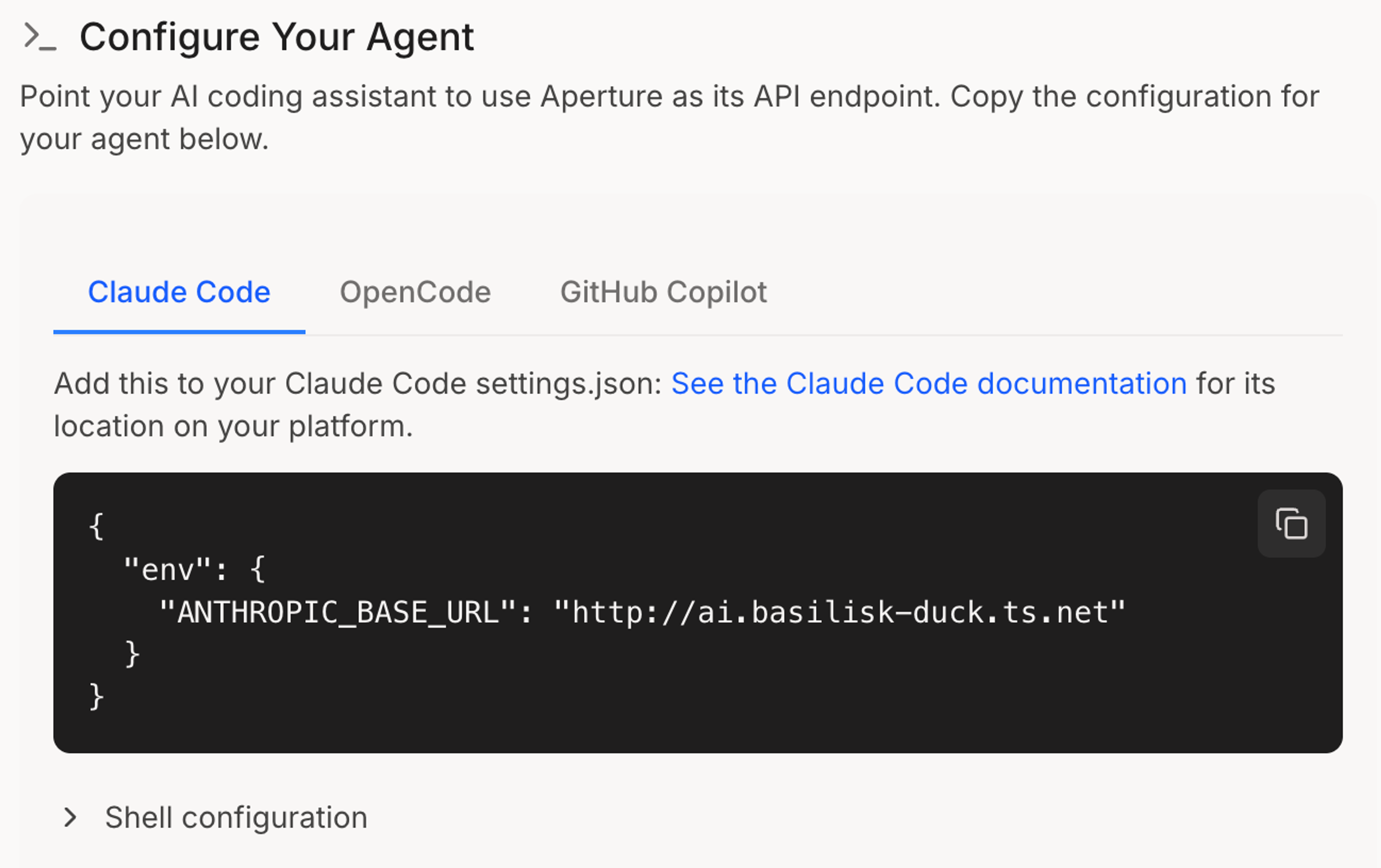 Agent Config page showing configuration instructions for Claude Code, Codex, OpenCode, and GitHub Copilot. Two JSON code blocks display configuration settings for Aperture API endpoint and MCP servers with URLs and model parameters.