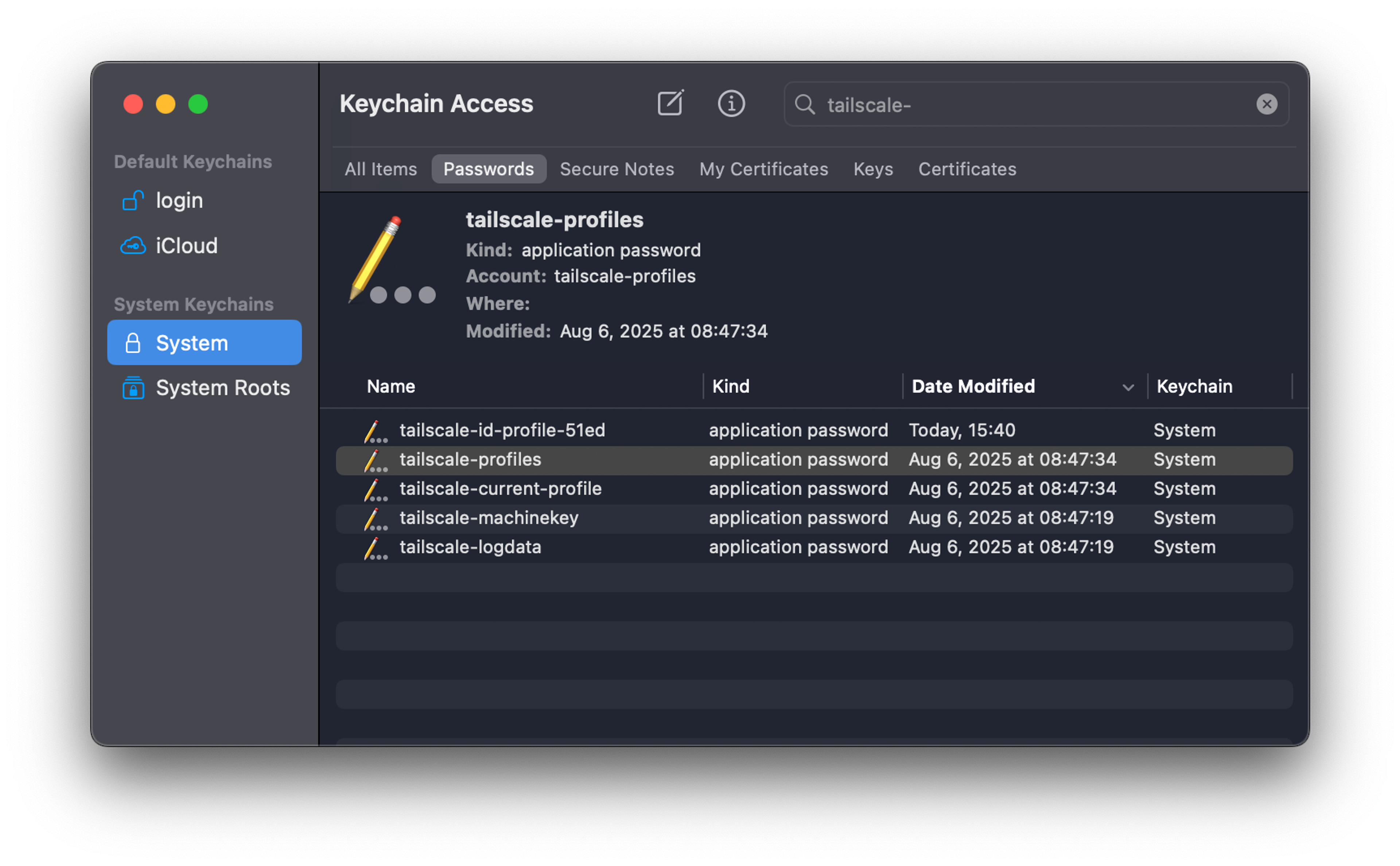 A macOS window showing some of the tailscale entities loaded into the system Keychain.