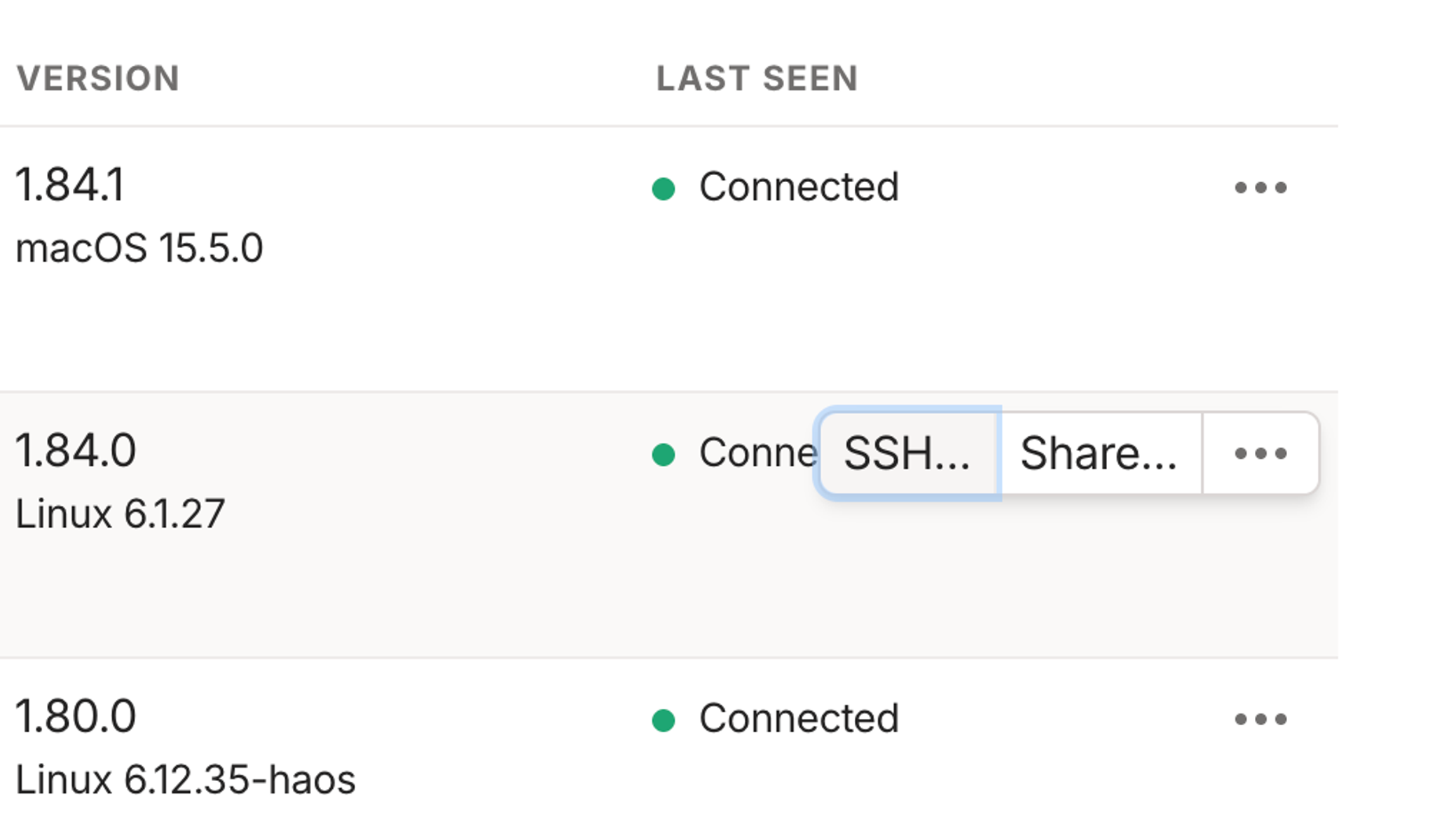 Close-up screenshot showing the "SSH" button appearing when hovering over a device.