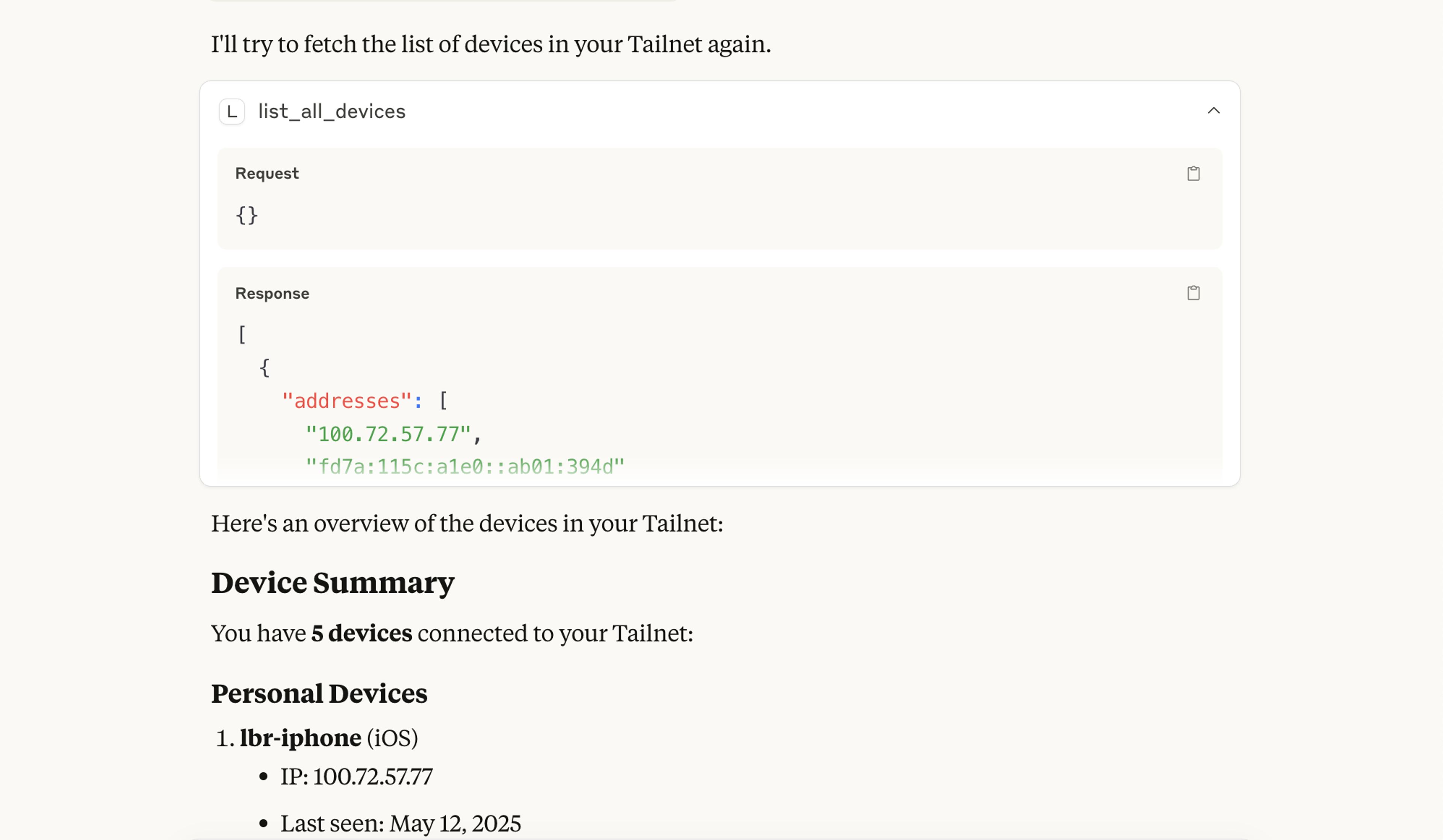 Image showing Claude desktop AI fetching a list of Tailscale tailnet devices, then offering a summary of them.
