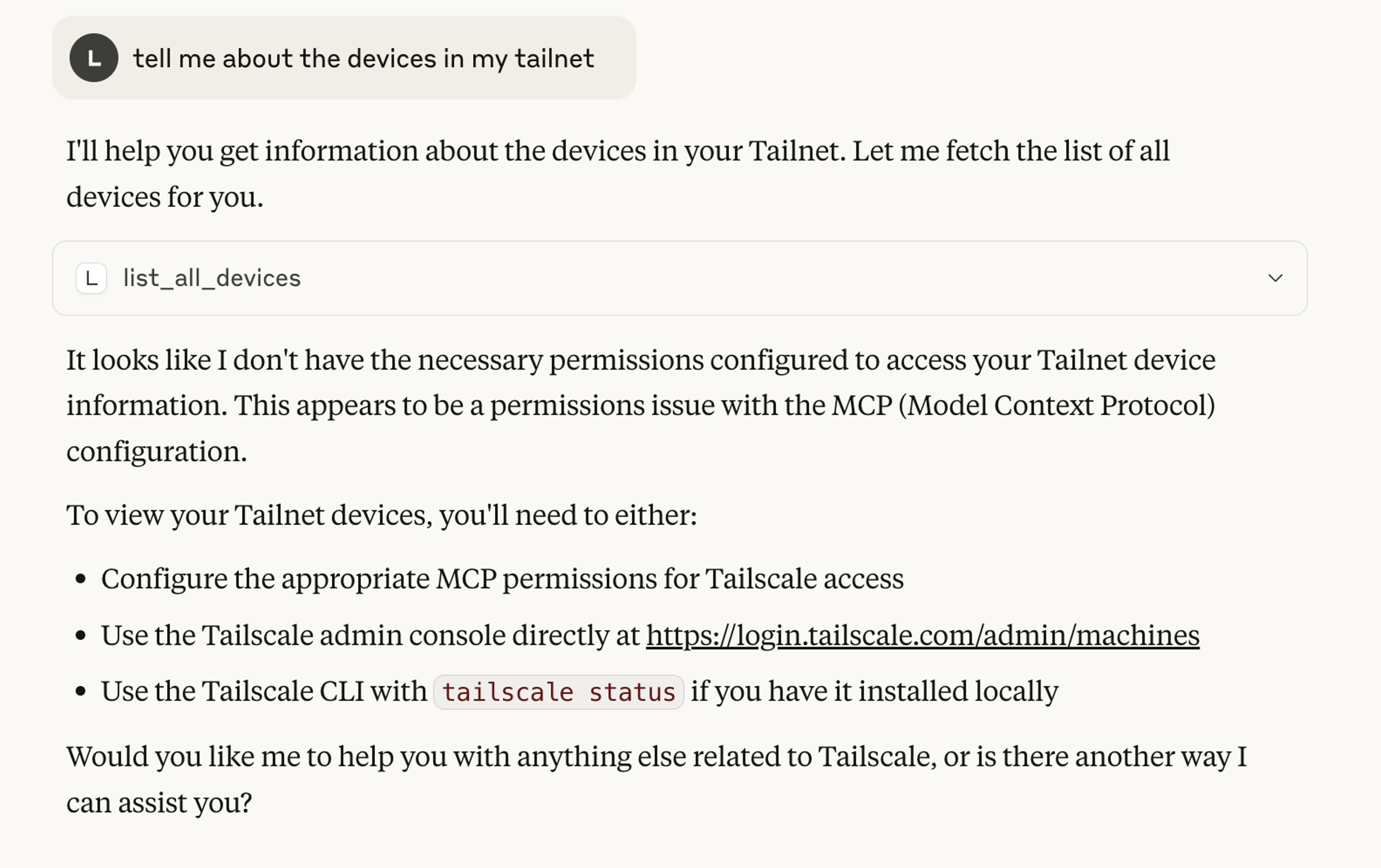 Screenshot from Claude Desktop, showing a prompt of "Tell me about the devices in my tailnet," with a response that says Claude does not have the necessary permissions to access Tailnet devices.