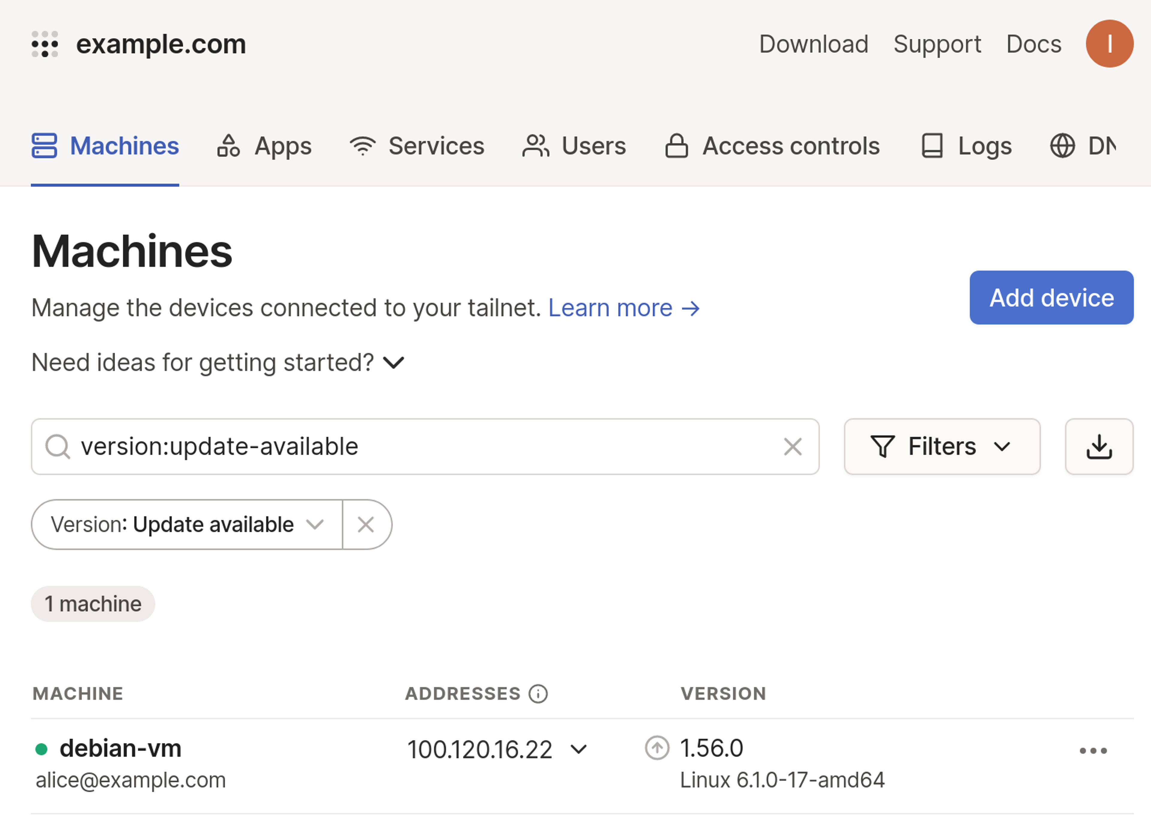 Machines tab of the Admin console showing a device with an update available