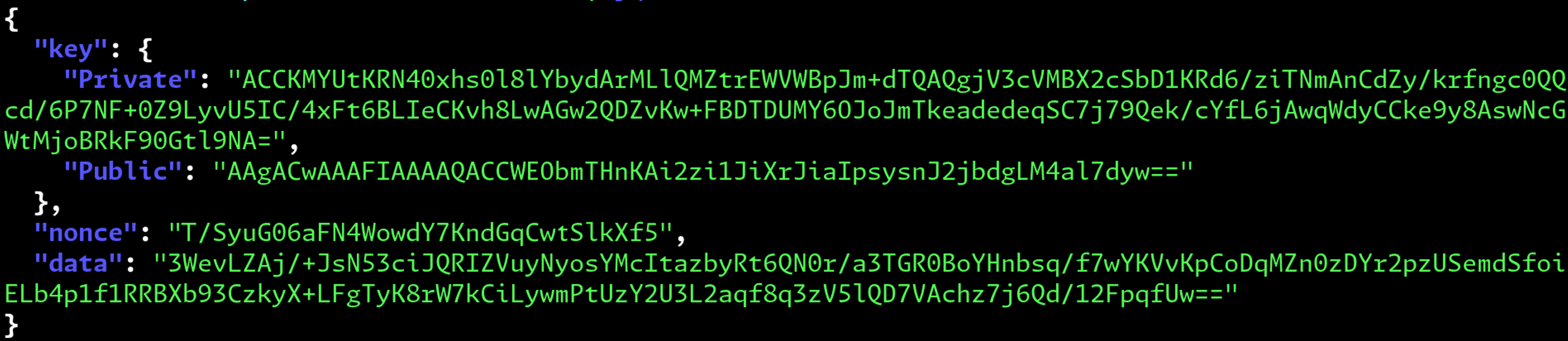 Terminal text editor showing the output of /var/lib/tailscale/tailscaled.state on Linux, with "Private," "Public," "nonce," and "data" objects.