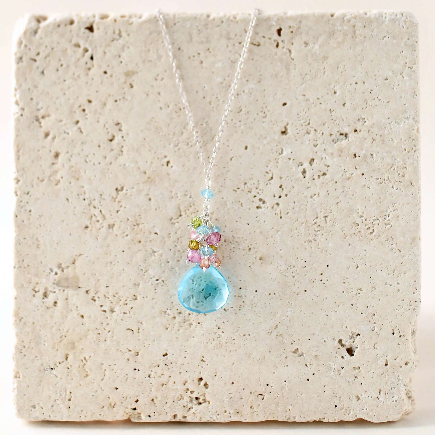 Aquamarine Quartz Silver Raindrop Cluster Necklace