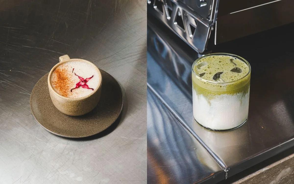 Sookla’s sticky chai in a ceramic cup on the left and iced matcha in a glass on the right.