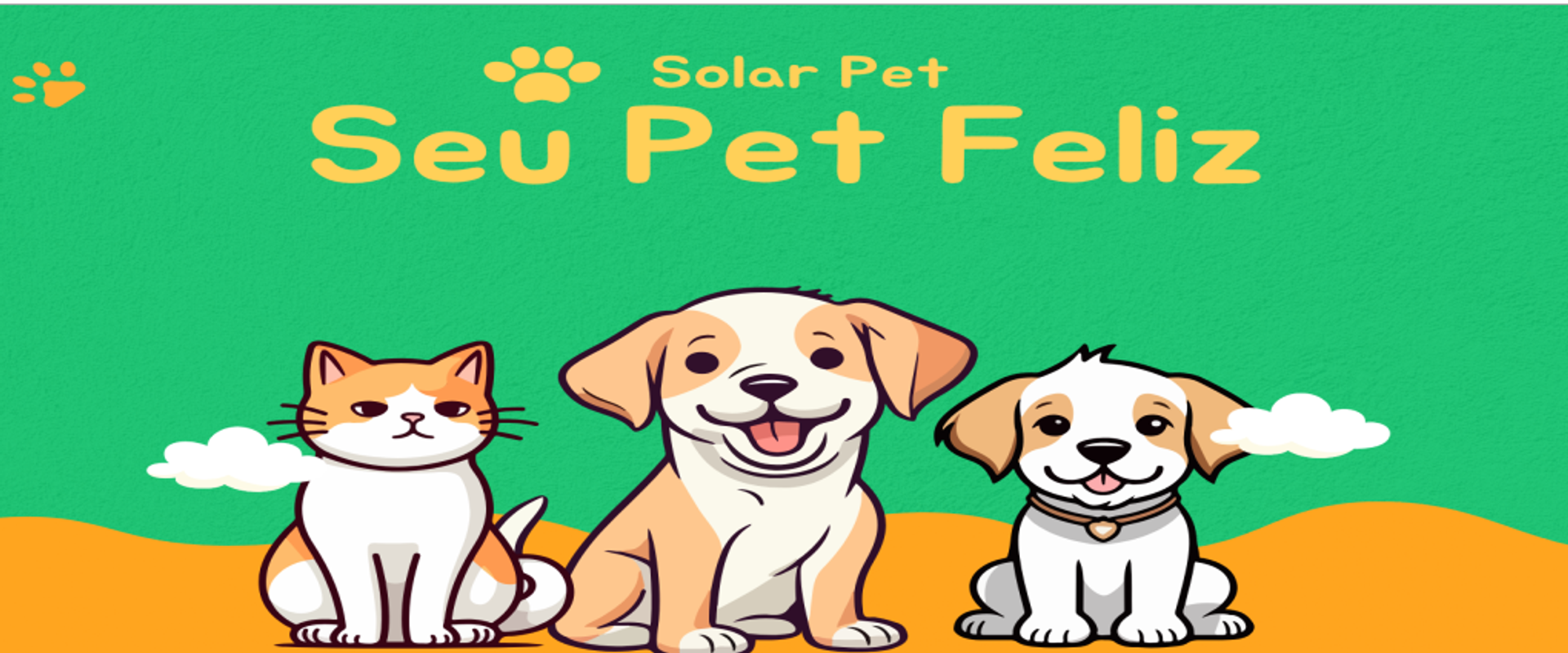 Banner com ilustração de um gato e dois cachorros. Mensagem seu pet feliz 