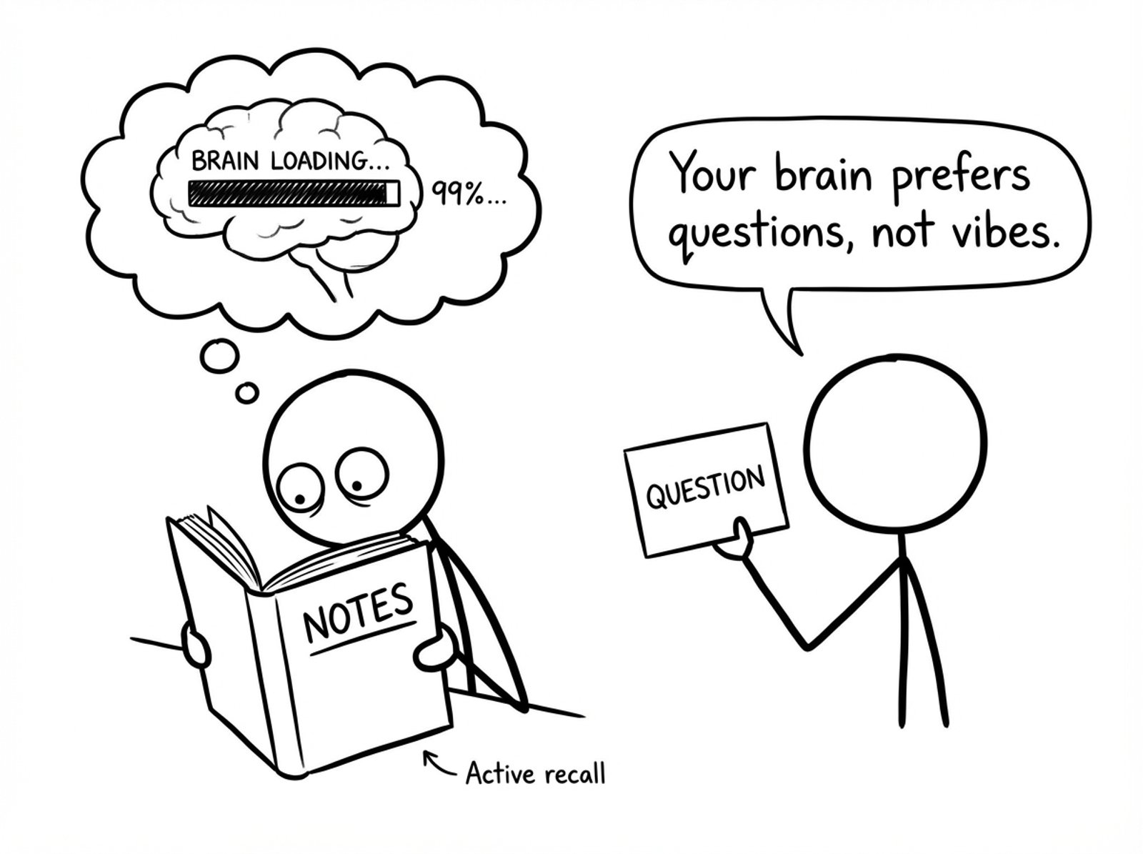 A brain loading bar stuck at 99% while flashcards win