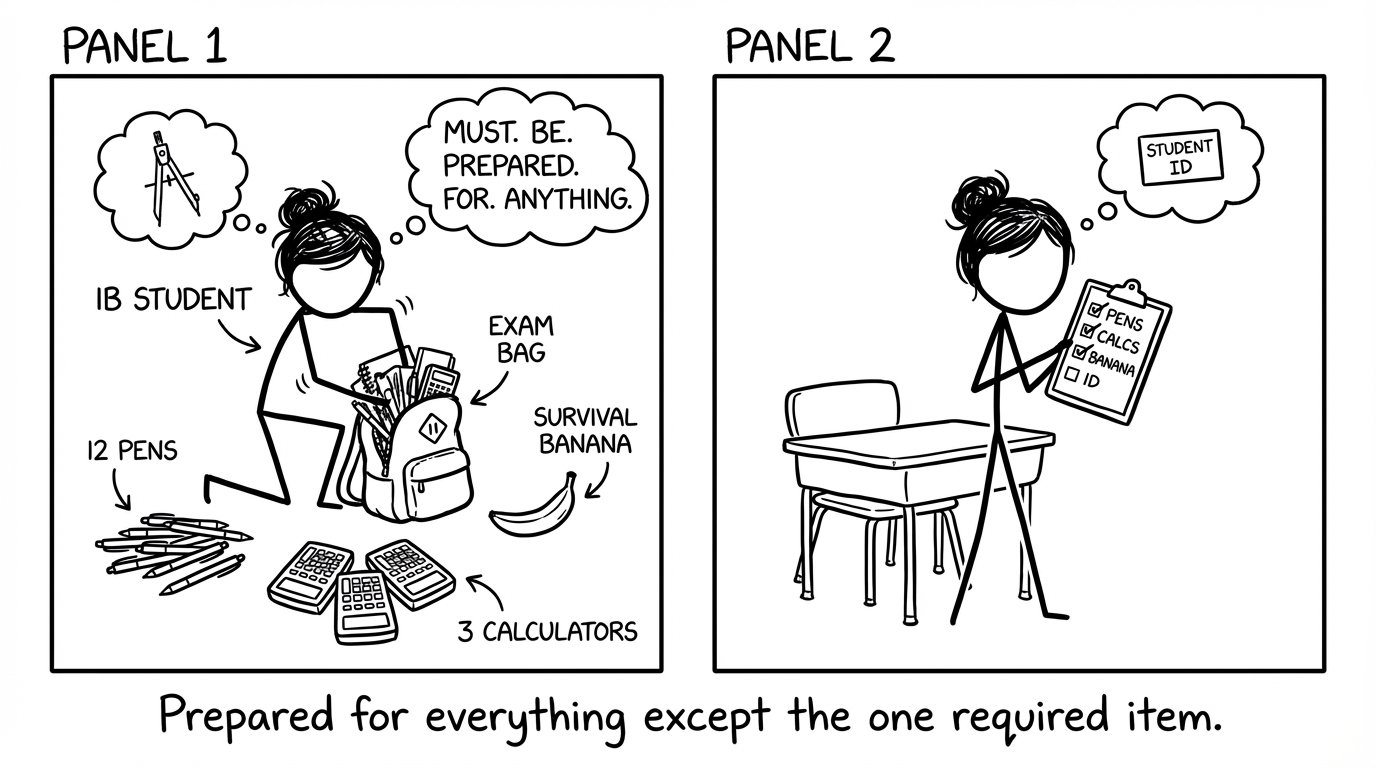 Two-panel exam bag packing joke