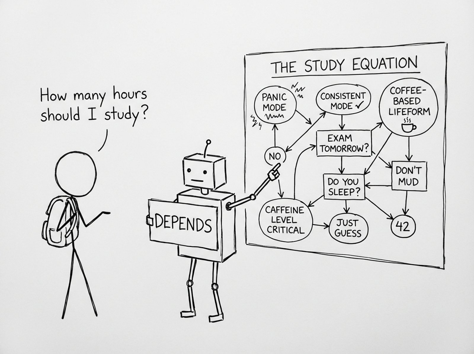 A robot answers “Depends” with a silly flowchart
