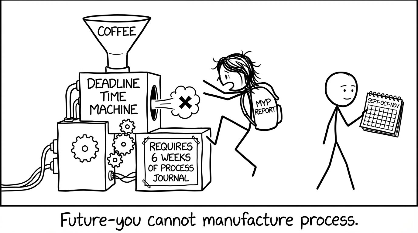 A time machine fueled by coffee refuses a last-day student: “Requires 6 weeks of process journal.”