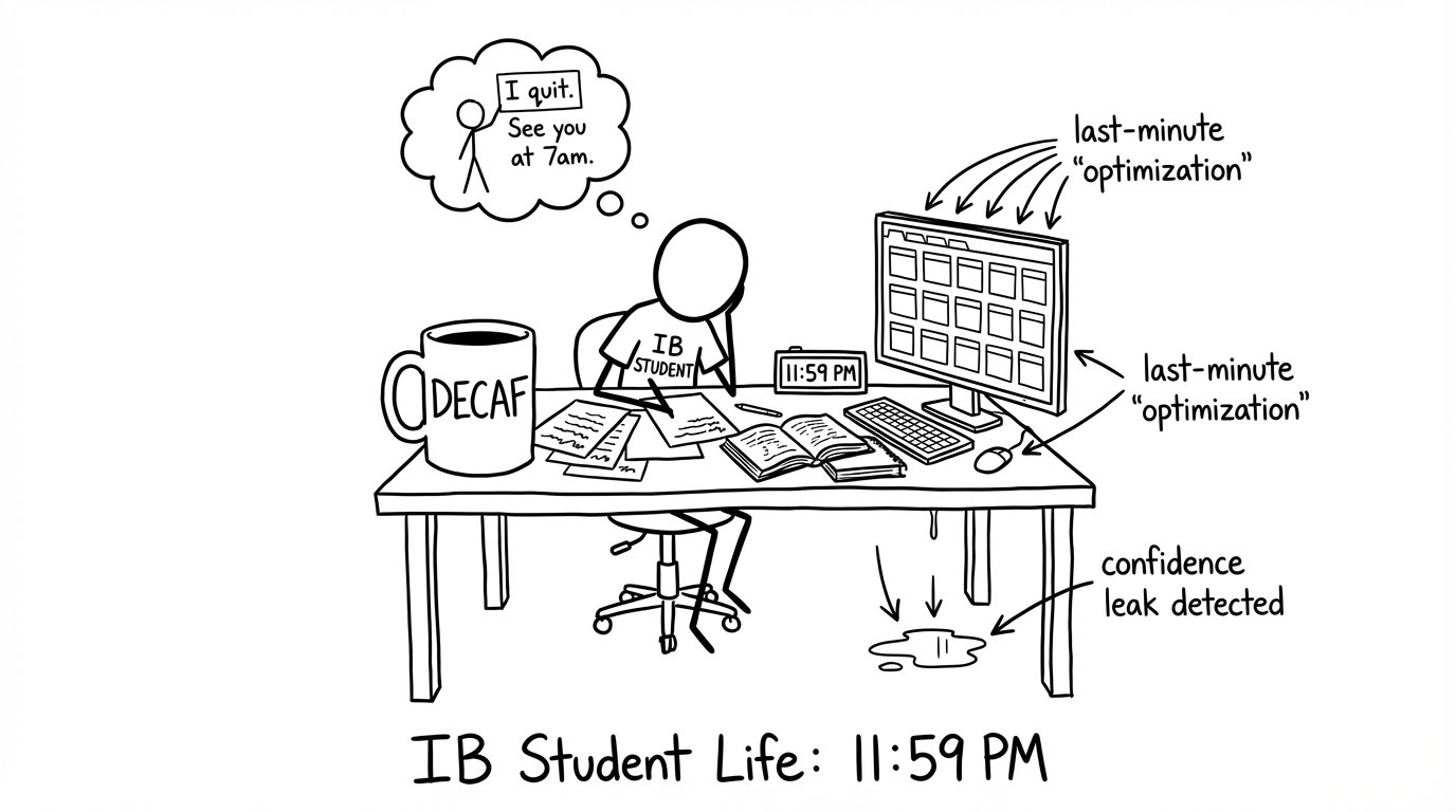 Stressed student at 11:59pm with decaf and brain quitting