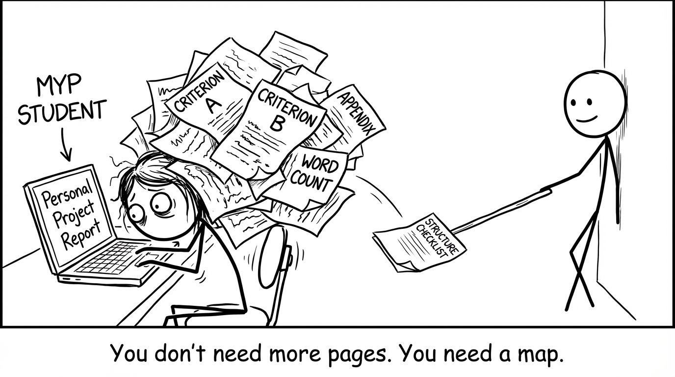 A stressed MYP student buried in report sections while a friend offers a simple structure checklist