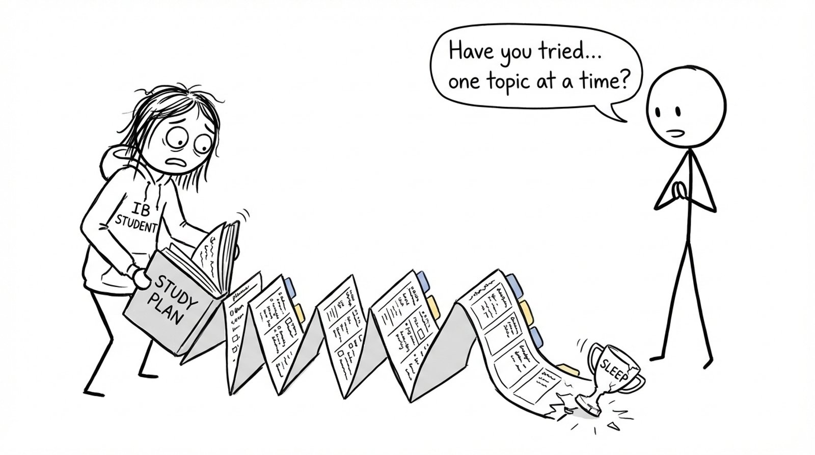 A study plan unfolds absurdly long across the room