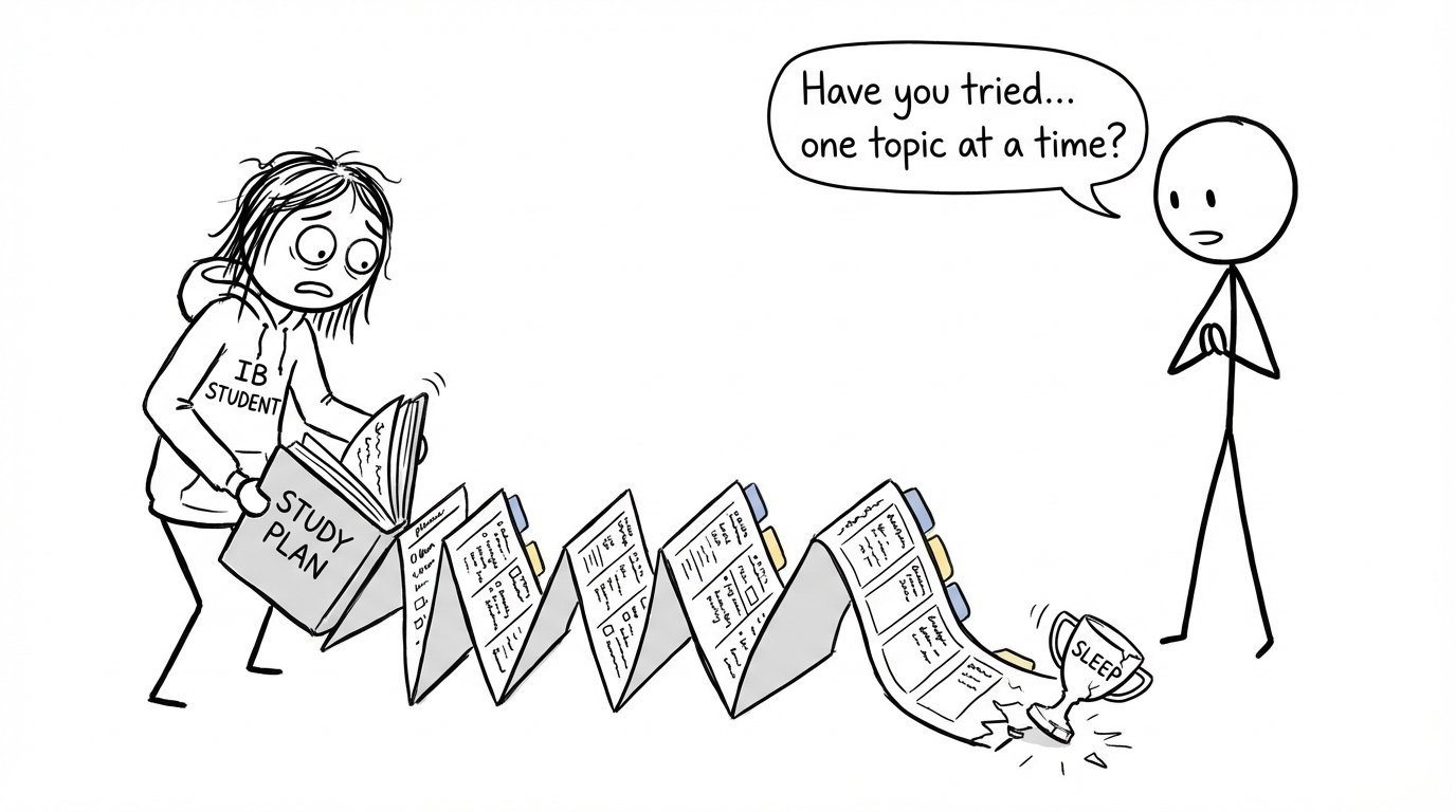 A study plan unfolds absurdly long across the room