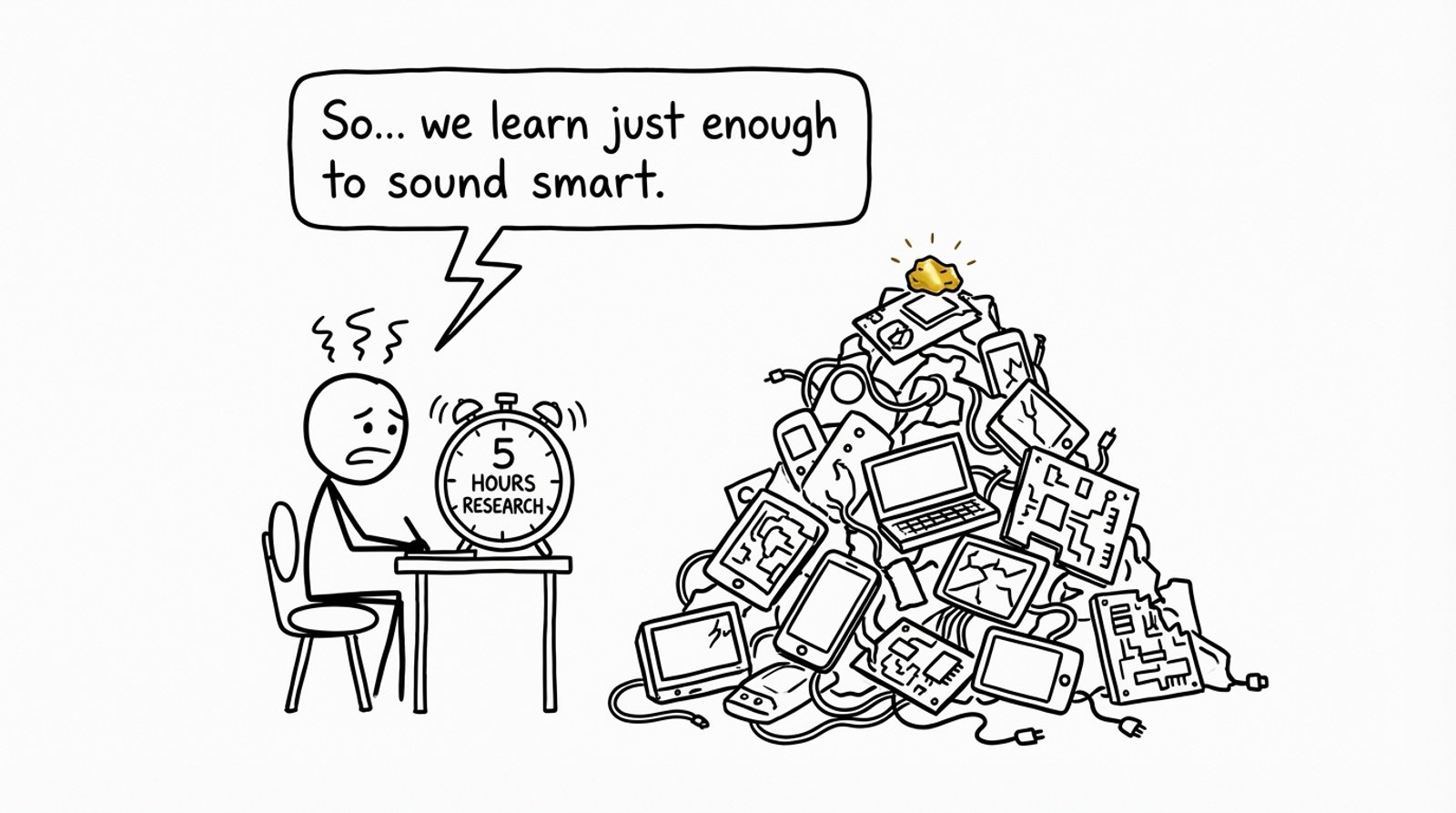 A stressed IB student with a 5-hour timer facing e-waste