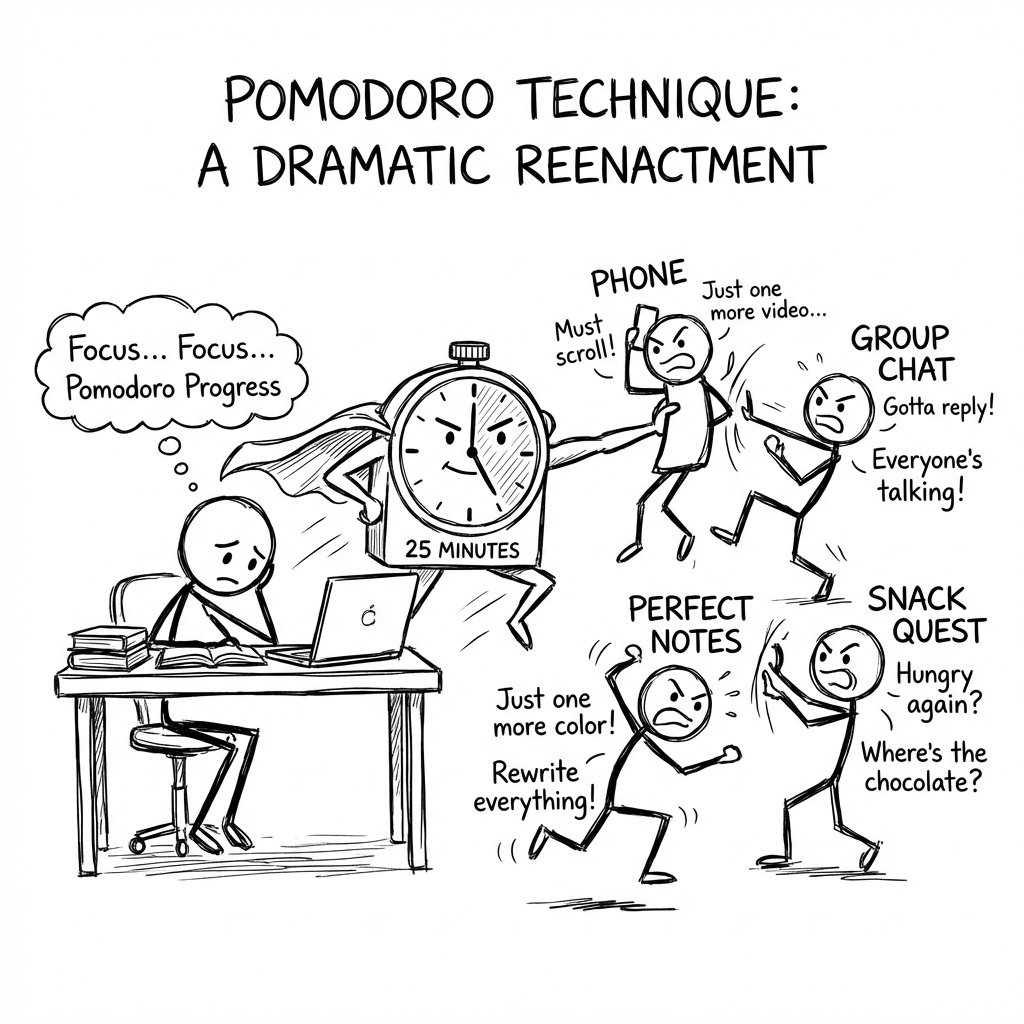 Pomodoro timer superhero fighting distractions
