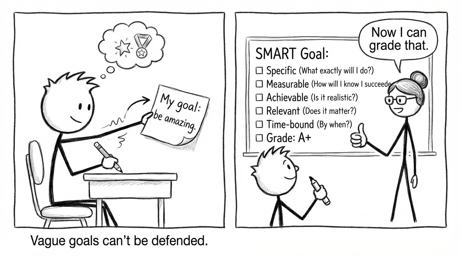Two-panel comic: “My goal: be amazing” becomes a SMART goal, teacher says “Now I can grade that.”