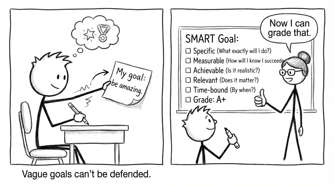 Two-panel comic: “My goal: be amazing” becomes a SMART goal, teacher says “Now I can grade that.”