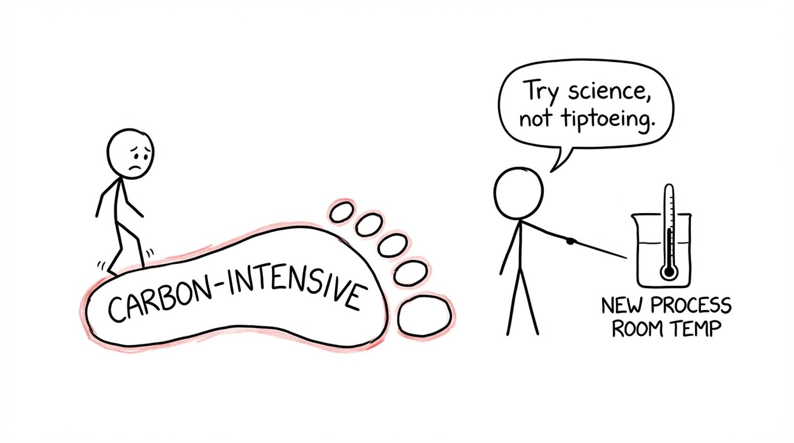 Stick figure tiptoeing around a giant carbon footprint
