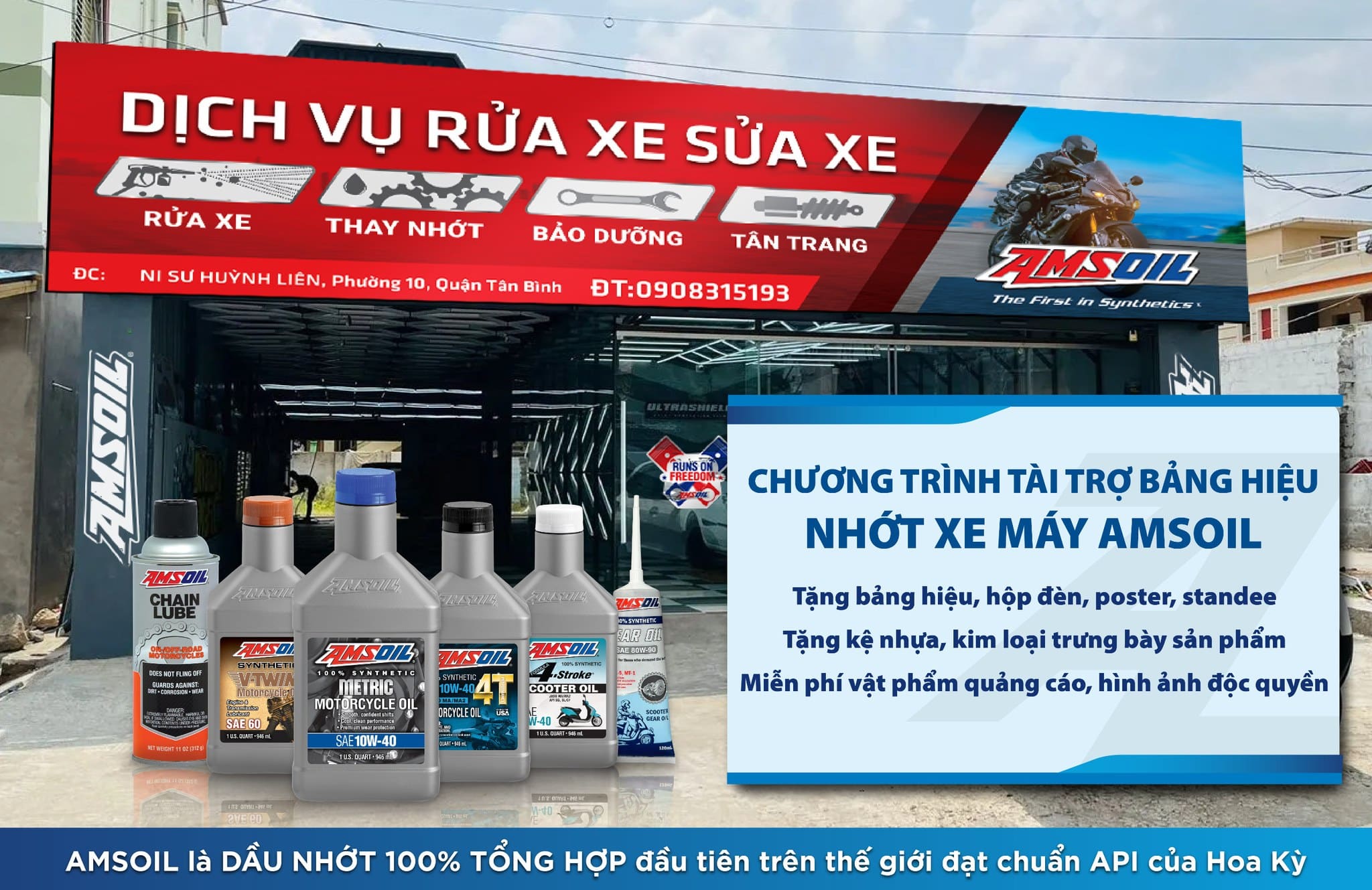 Nhận tài trợ bảng hiệu khi trở thành đại lý dầu nhớt thương hiệu Repsol, Amsoil, MegaMAX