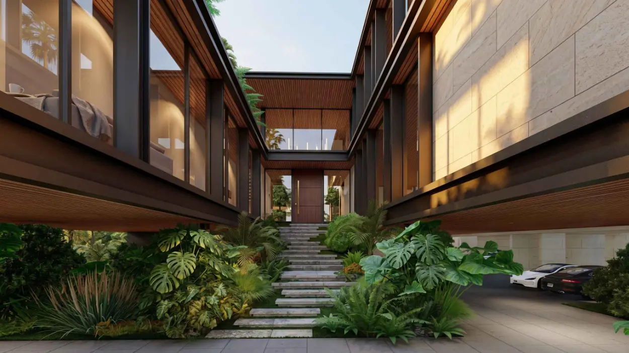 Architectural rendering of a luxury residence with landscaped entry and modern design.