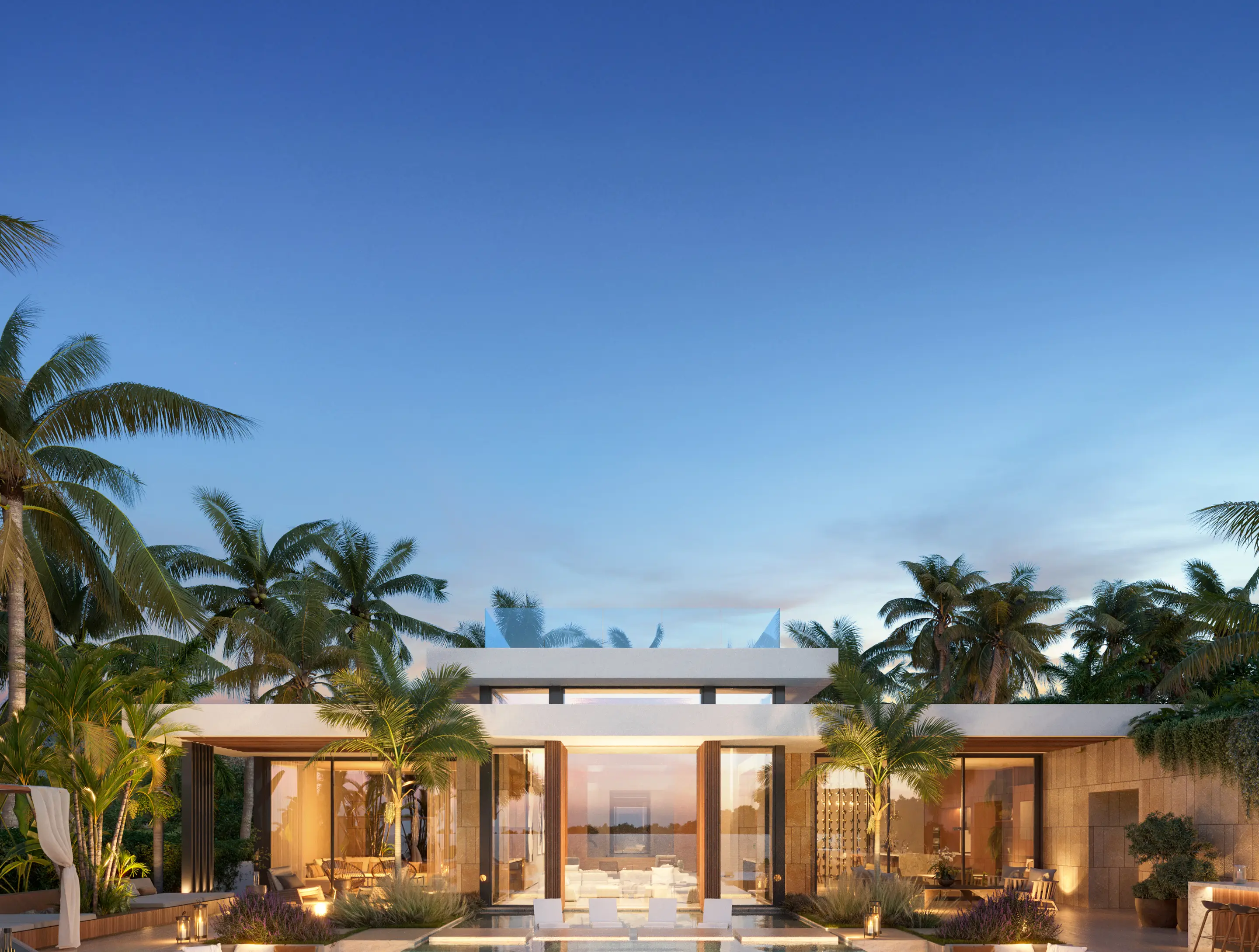 Modern luxury Miami waterfront home with palm trees
