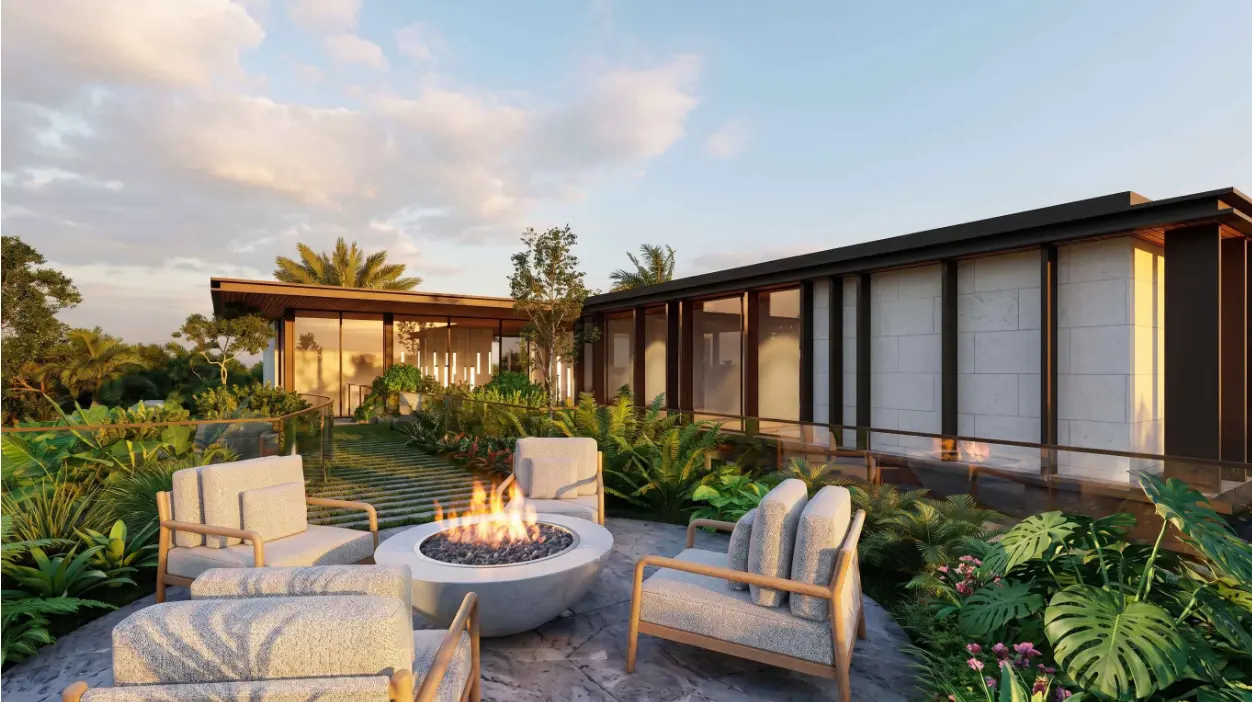 Architectural rendering of a luxury outdoor terrace with fire pit and tropical landscaping.