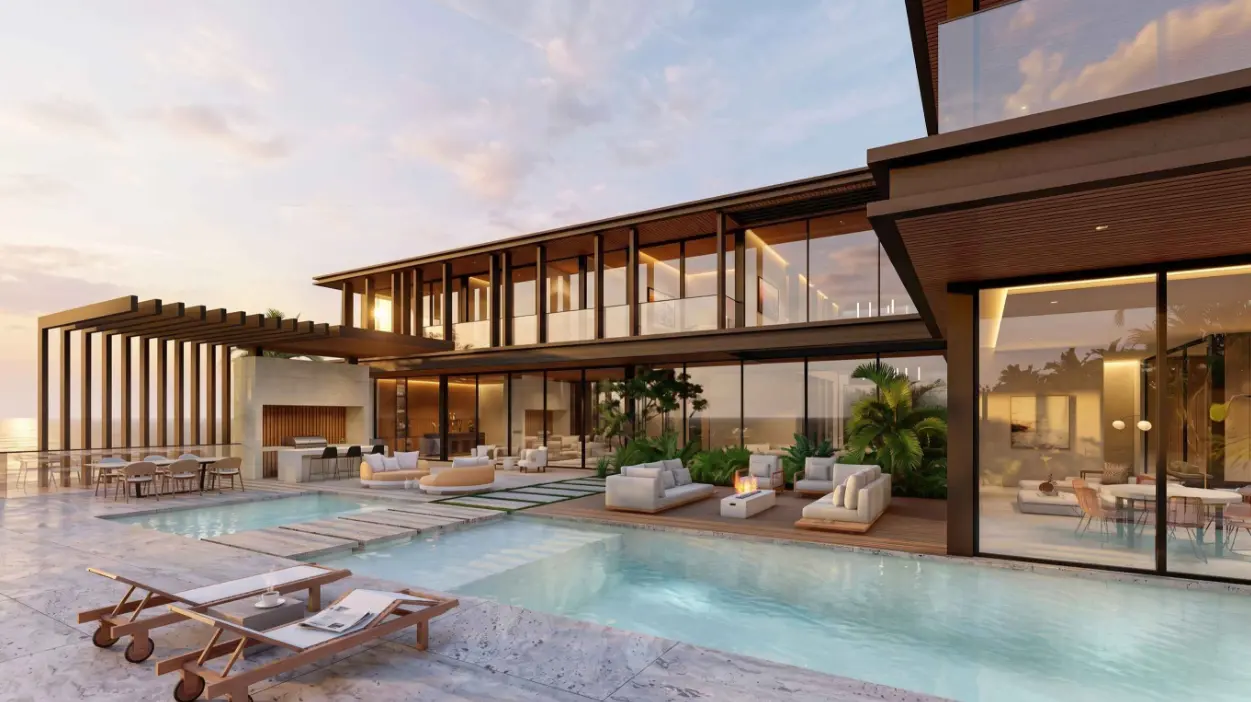 Architectural rendering of a contemporary waterfront home with pool and entertainment areas.
