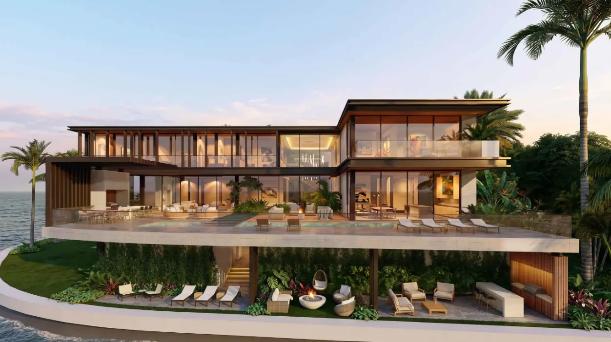 Architectural rendering of a luxury waterfront residence with pool and outdoor living spaces.