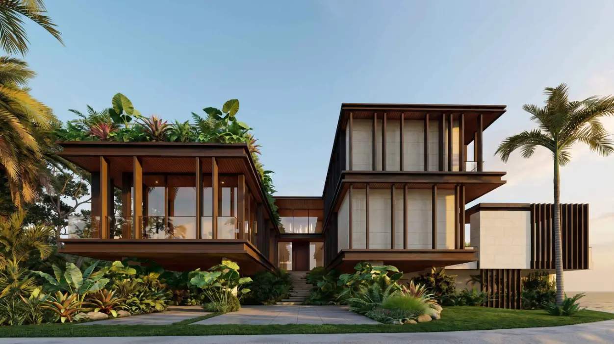 Architectural rendering of a contemporary Miami residence with tropical landscaping.
