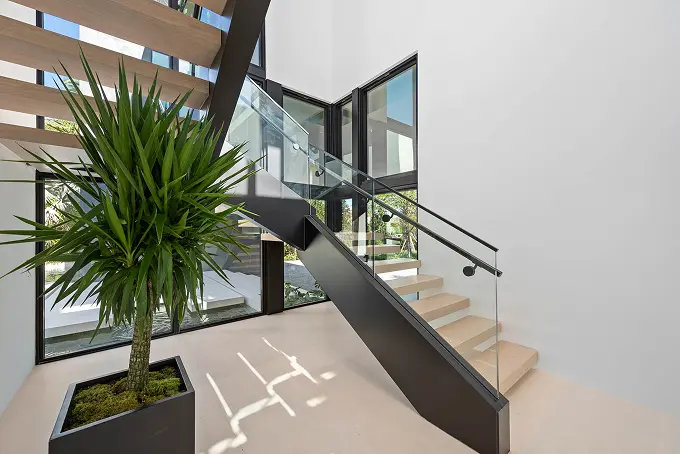Modern staircase framed by a large glass window and a sculptural yucca plant.