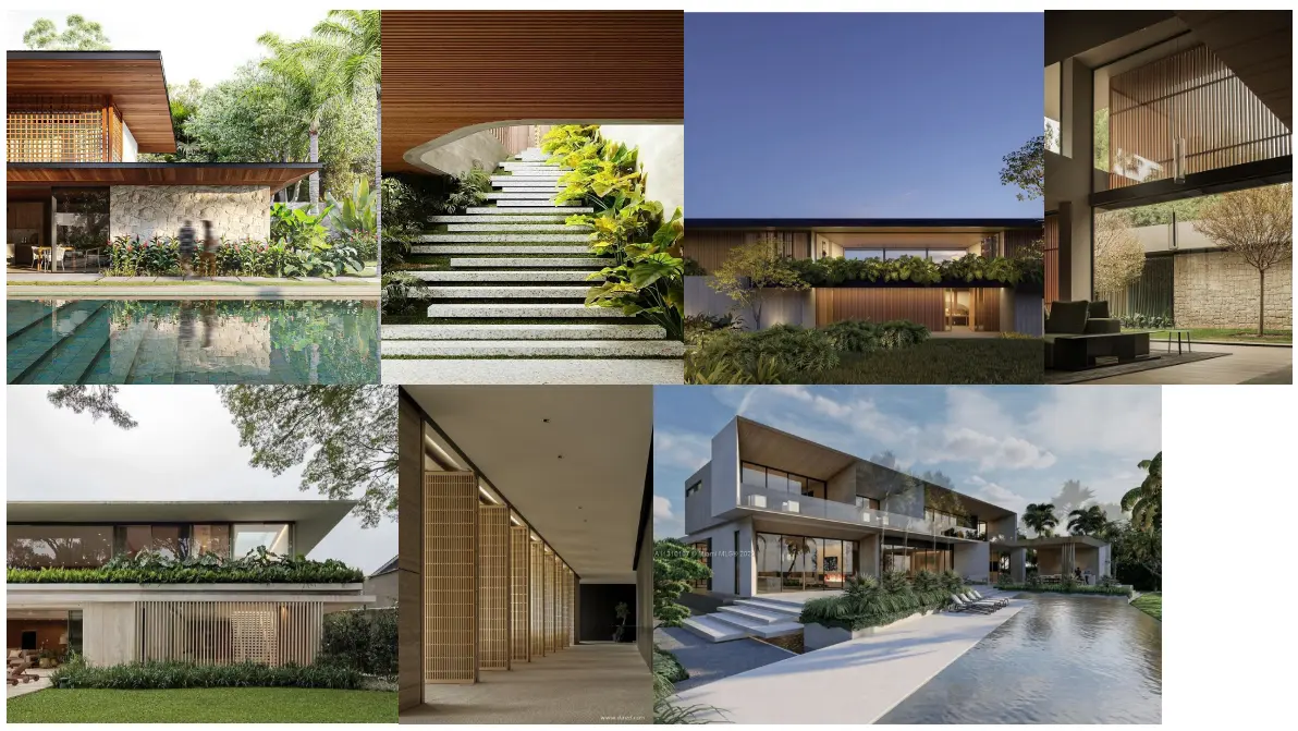 Design inspiration for a contemporary tropical residence with natural materials and lush landscaping.